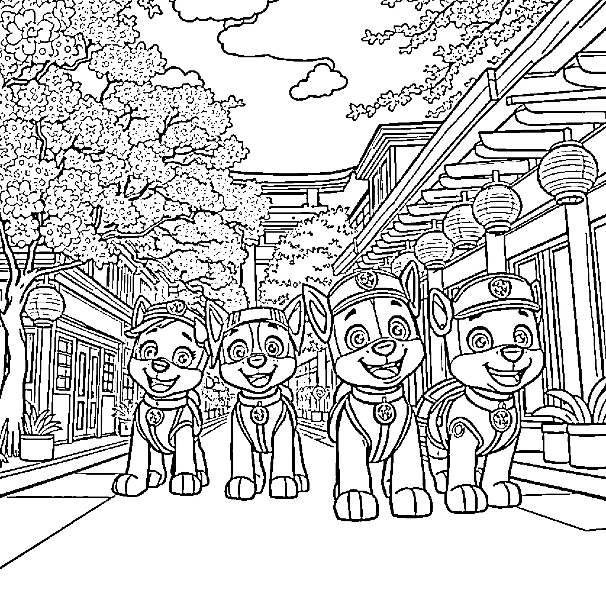 Paw Patrol on a Scenic Adventure Coloring Page (free black-and-white line drawing printable PDF for all, from beginners to advanced learners, including children, teens, adults, and seniors)