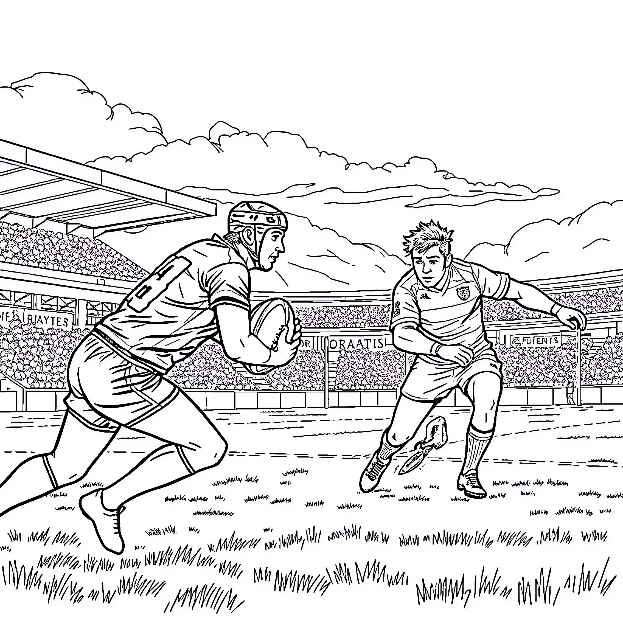 Springbok rugby players in intense match Coloring Page (free black-and-white line drawing printable PDF for all, from beginners to advanced learners, including children, teens, adults, and seniors)
