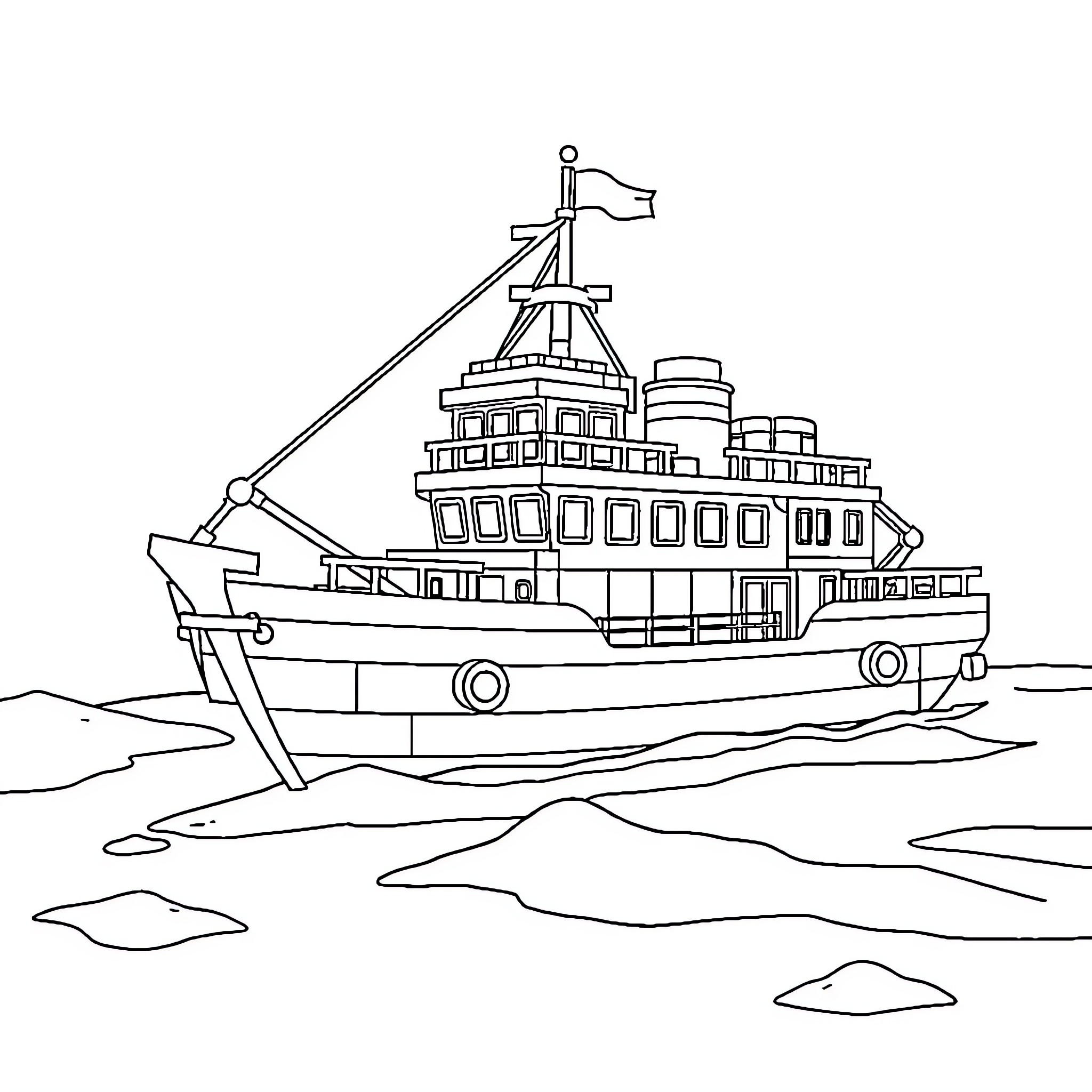 Explorer Ship Navigating Through Icy Waters Coloring Page (free black-and-white line drawing printable PDF for all, from beginners to advanced learners, including children, teens, adults, and seniors)