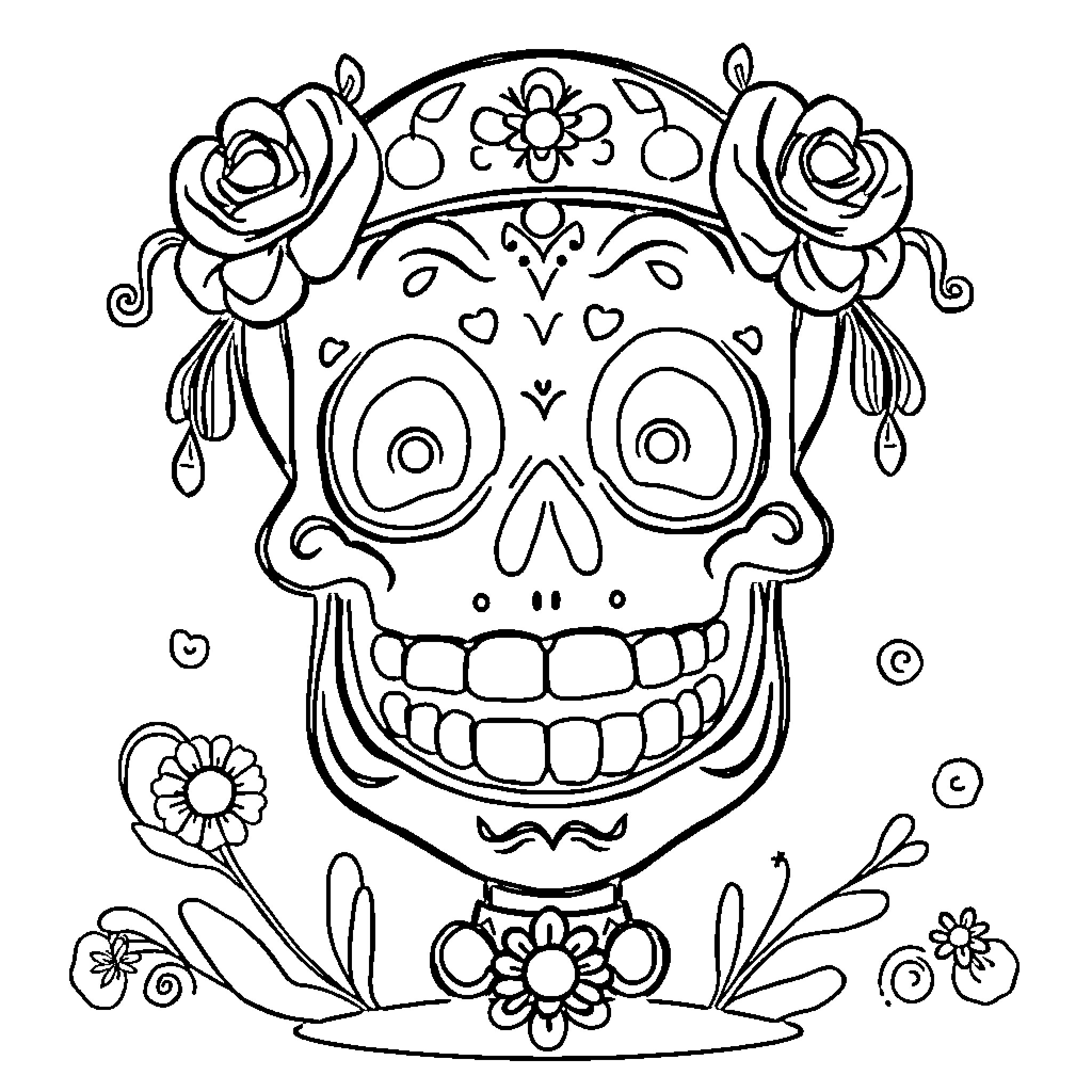 Calavera with floral crown and ornate decoration Coloring Page (free black-and-white line drawing printable PDF for all, from beginners to advanced learners, including children, teens, adults, and seniors)