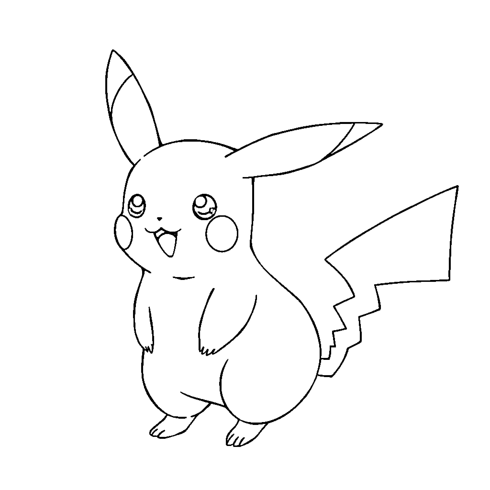 Pikachu smiling with big eyes in cartoon style Coloring Page (free black-and-white line drawing printable PDF for all, from beginners to advanced learners, including children, teens, adults, and seniors)