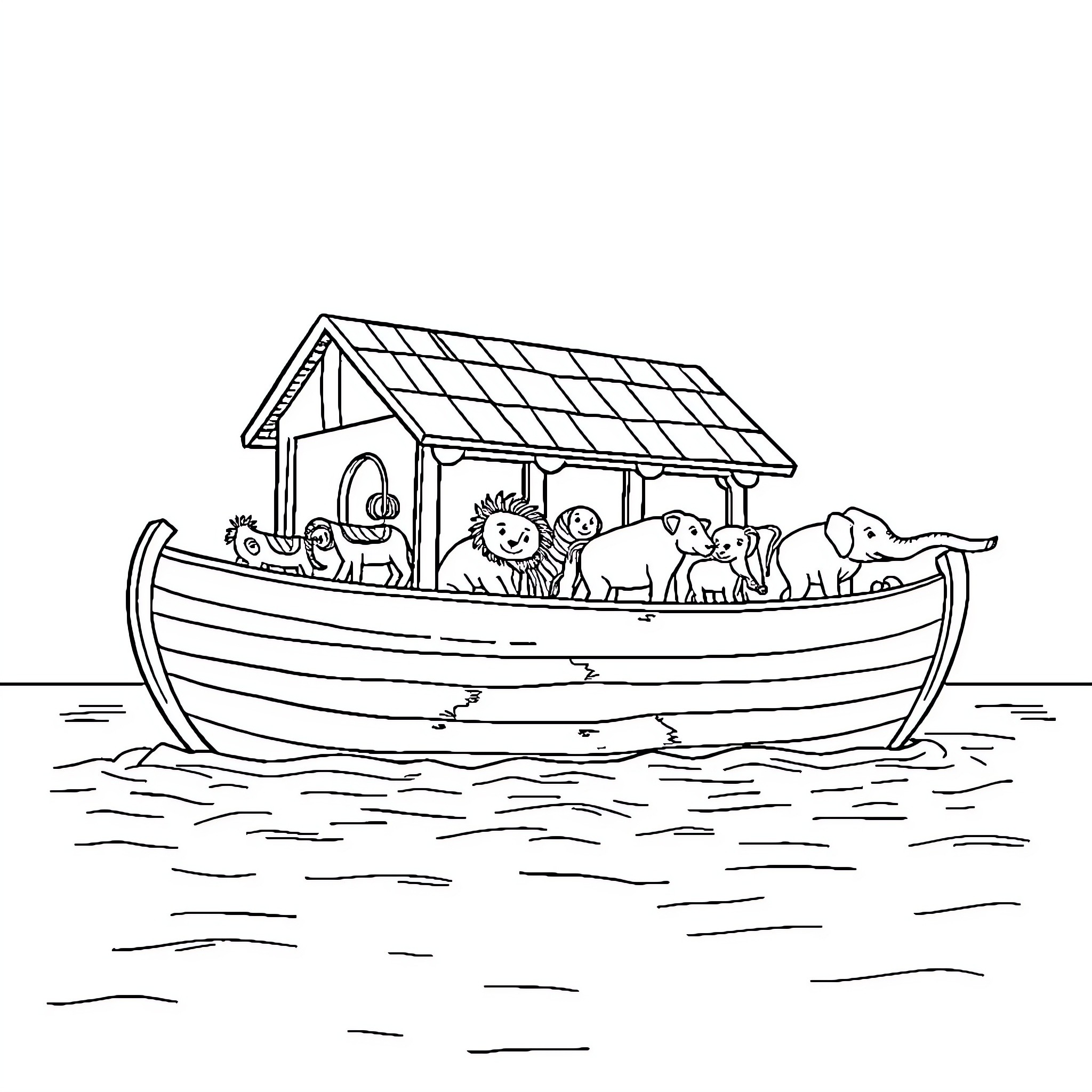 Noah's Ark with Animals Aboard Sailing on the Waters Coloring Page (free black-and-white line drawing printable PDF for all, from beginners to advanced learners, including children, teens, adults, and seniors)
