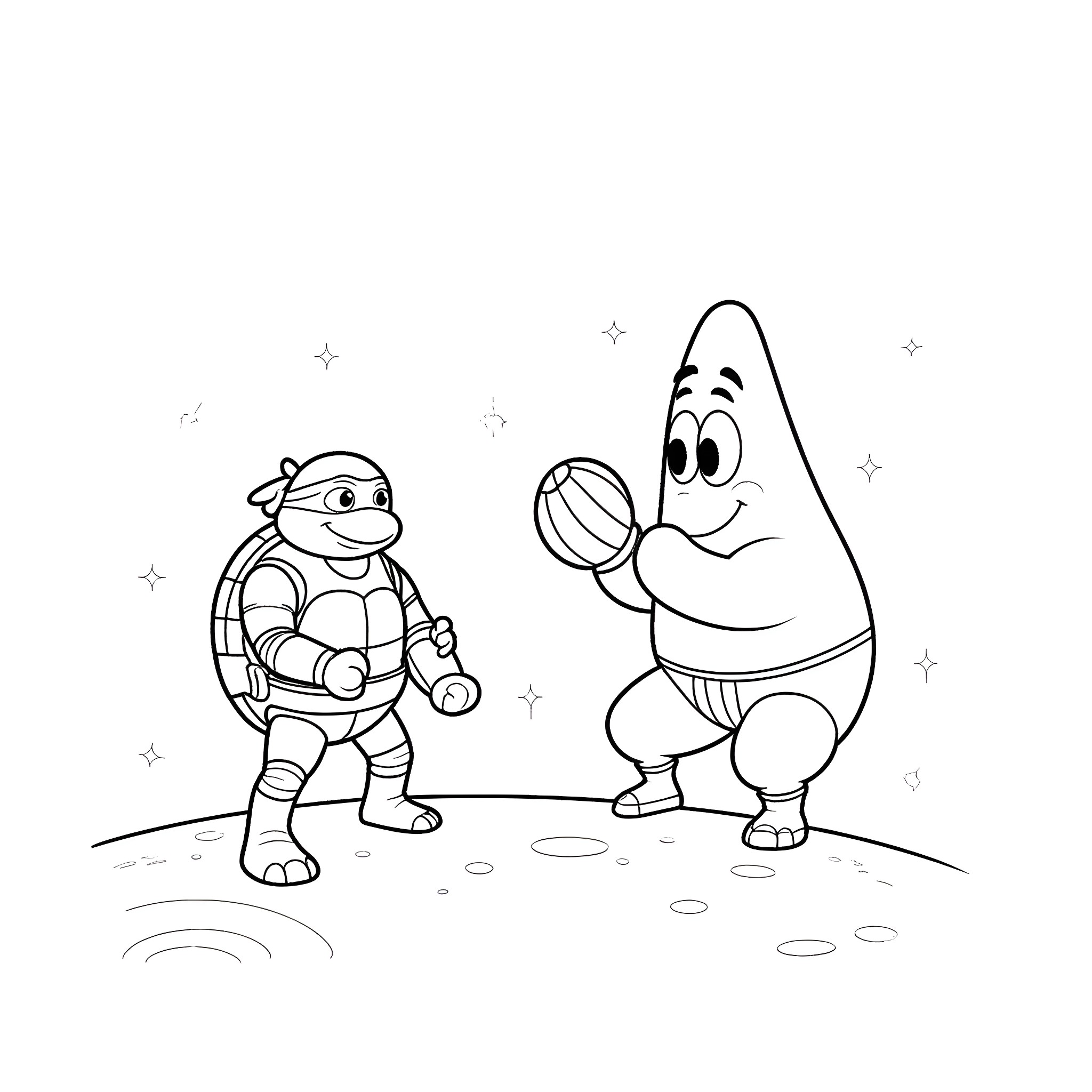Patrick Star and friend playing with magnifying glass Coloring Page (free black-and-white line drawing printable PDF for all, from beginners to advanced learners, including children, teens, adults, and seniors)