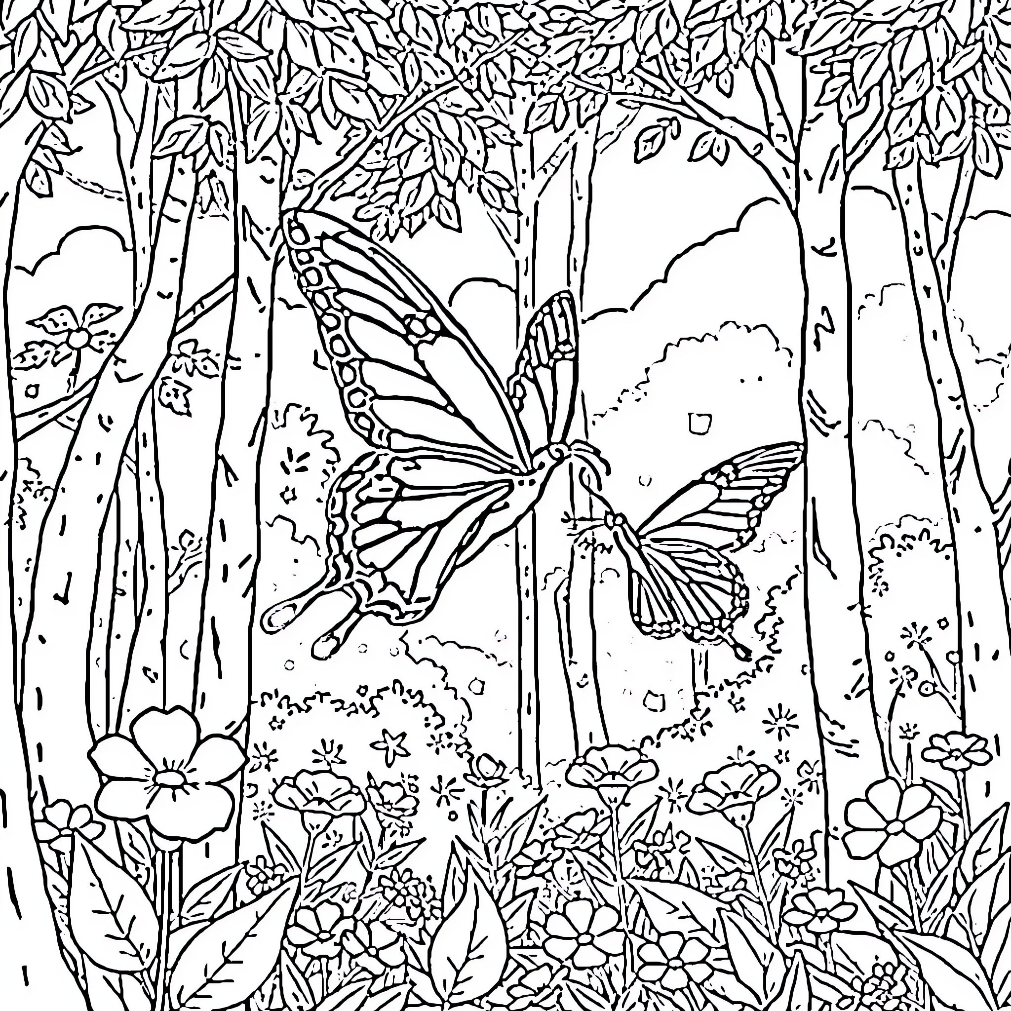 Butterfly dancing amidst lush foliage Coloring Page (free black-and-white line drawing printable PDF for all, from beginners to advanced learners, including children, teens, adults, and seniors)