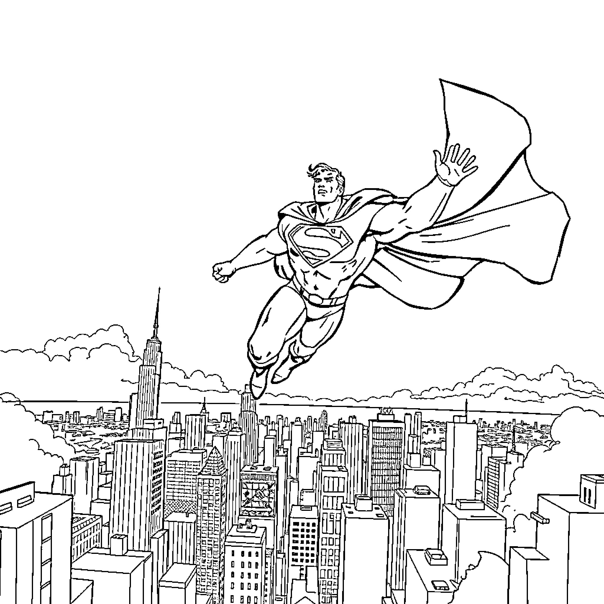 Superman soaring over the cityscape Coloring Page (free black-and-white line drawing printable PDF for all, from beginners to advanced learners, including children, teens, adults, and seniors)