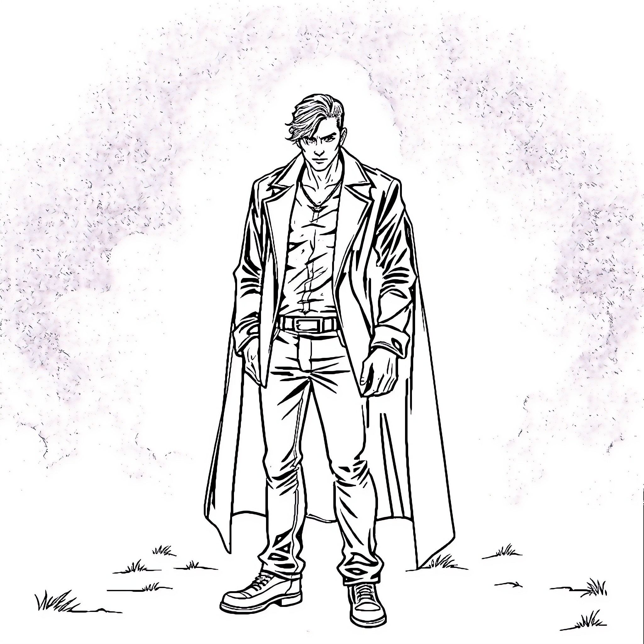 Boyfriend posing confidently in a field Coloring Page (free black-and-white line drawing printable PDF for all, from beginners to advanced learners, including children, teens, adults, and seniors)