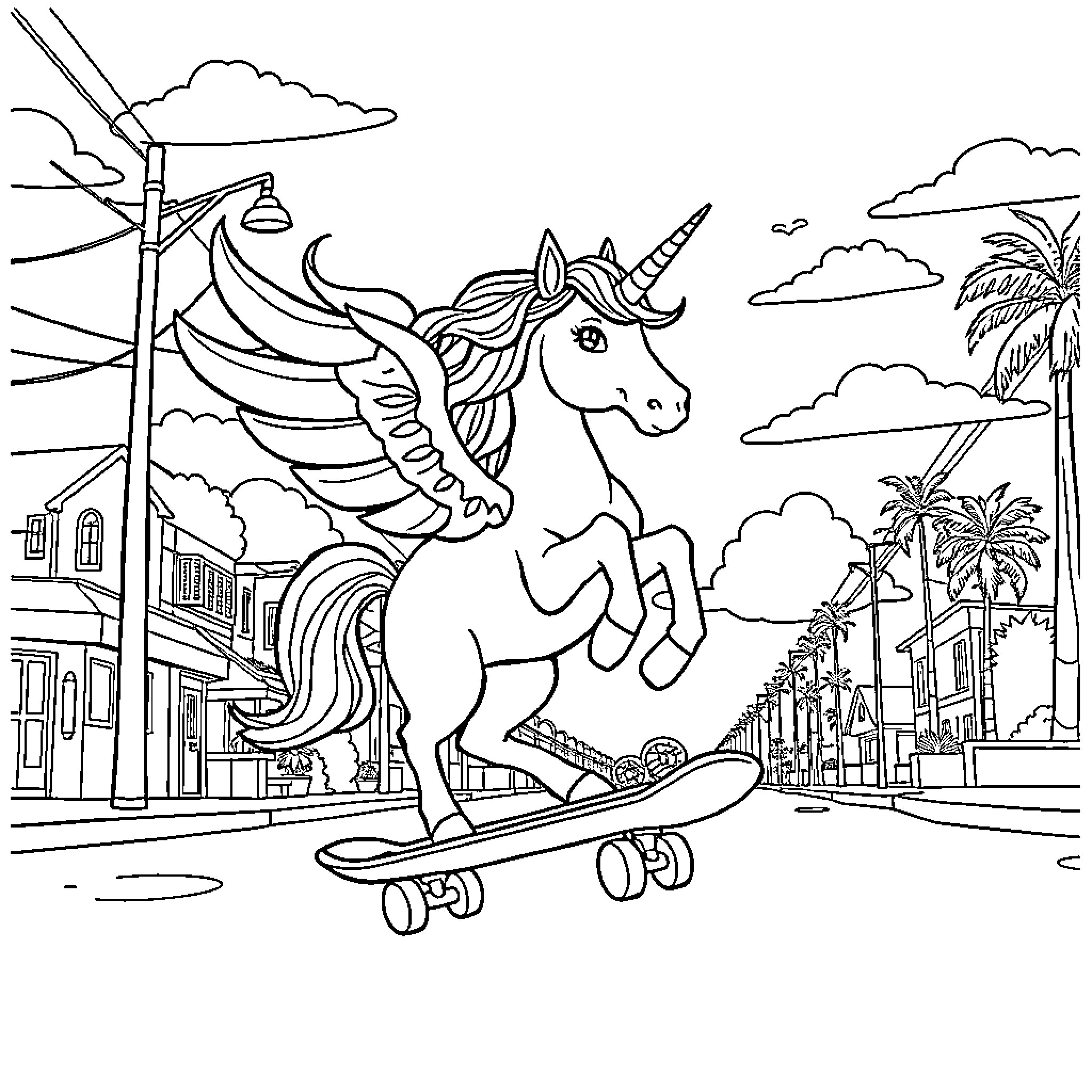 Unicorn Skateboarding Through Vibrant City Landscape Coloring Page (free black-and-white line drawing printable PDF for all, from beginners to advanced learners, including children, teens, adults, and seniors)
