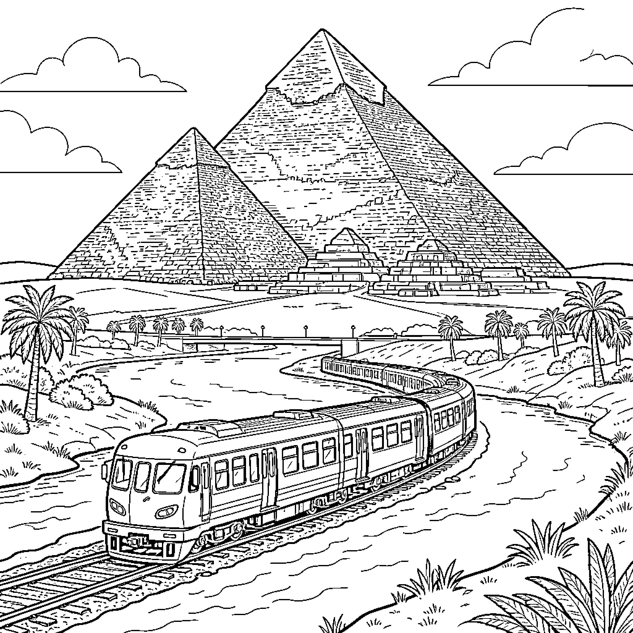 Train crossing the desert near ancient pyramids Coloring Page (free black-and-white line drawing printable PDF for all, from beginners to advanced learners, including children, teens, adults, and seniors)