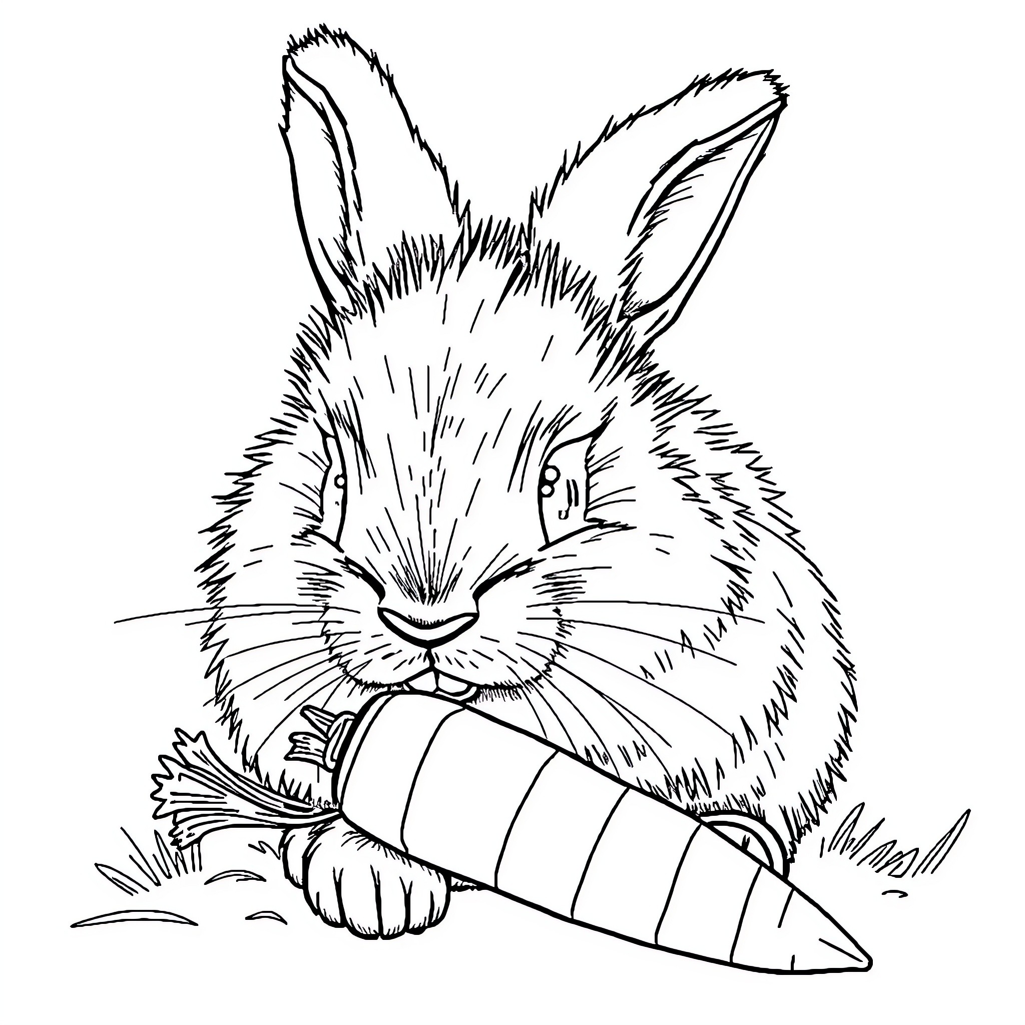 Bunny enjoying a tasty carrot Coloring Page (free black-and-white line drawing printable PDF for all, from beginners to advanced learners, including children, teens, adults, and seniors)