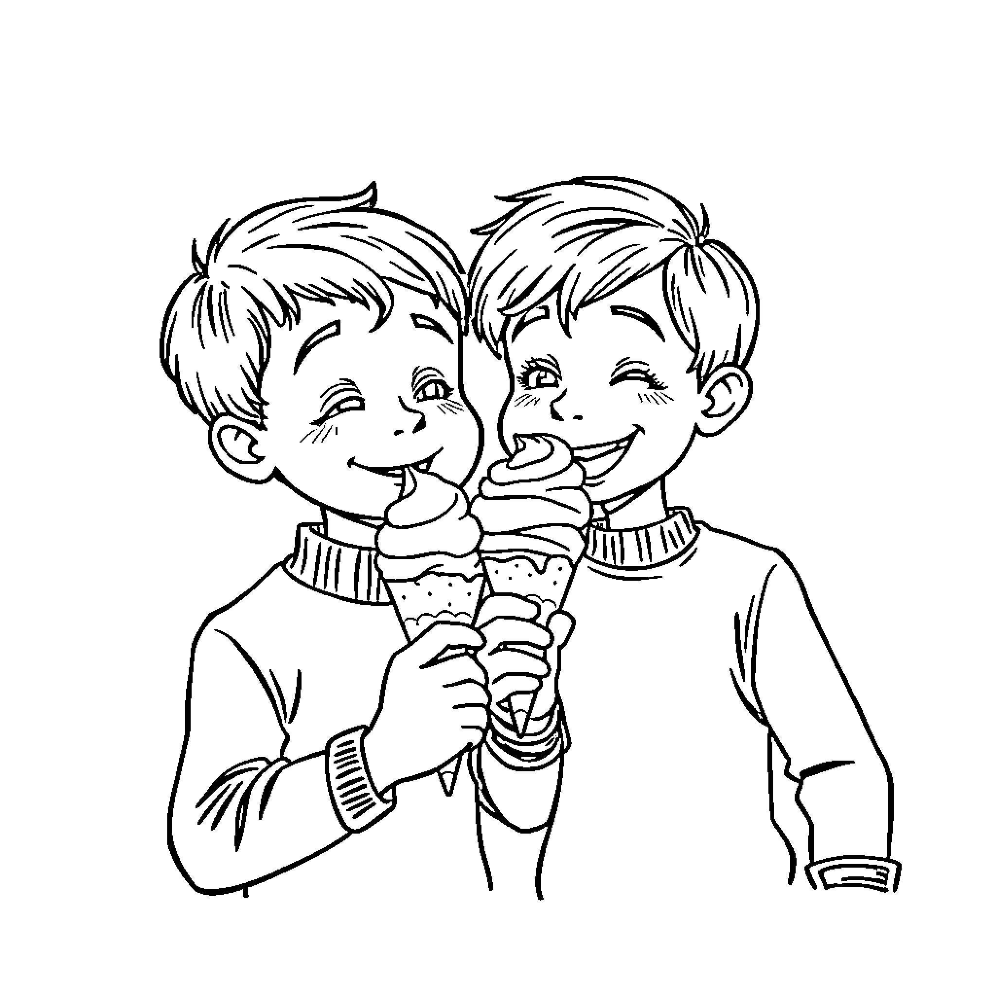 Sibling Bonding over Ice Cream Treats Coloring Page (free black-and-white line drawing printable PDF for all, from beginners to advanced learners, including children, teens, adults, and seniors)