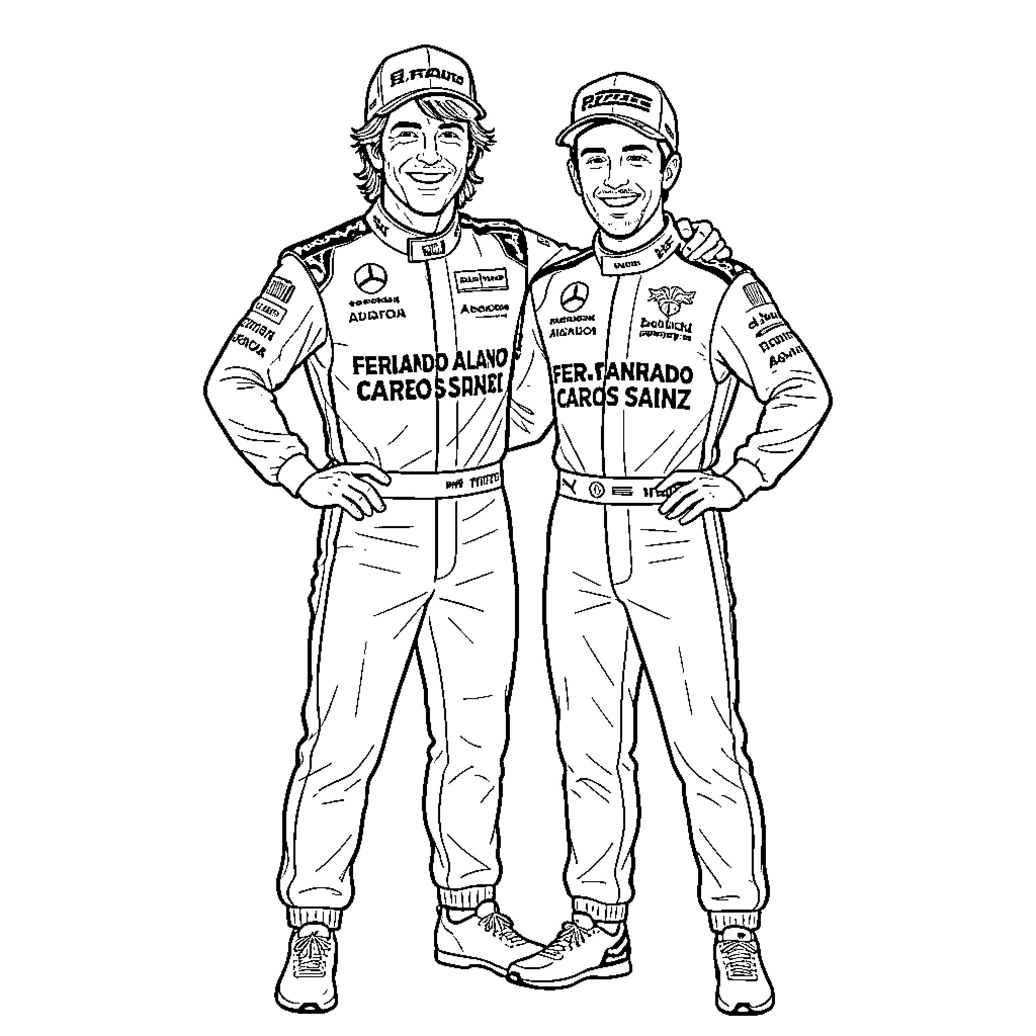 Fernando Alonso and Carlos Sainz in racing uniforms Coloring Page (free black-and-white line drawing printable PDF for all, from beginners to advanced learners, including children, teens, adults, and seniors)