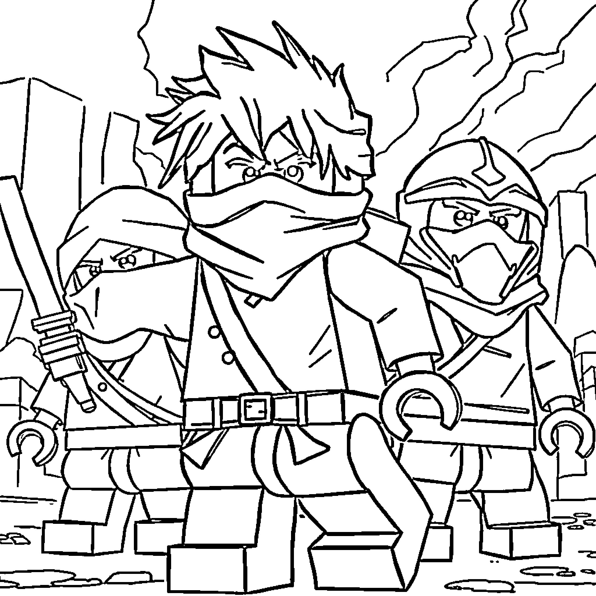 Ningago warriors battling with swords and armors Coloring Page (free black-and-white line drawing printable PDF for all, from beginners to advanced learners, including children, teens, adults, and seniors)