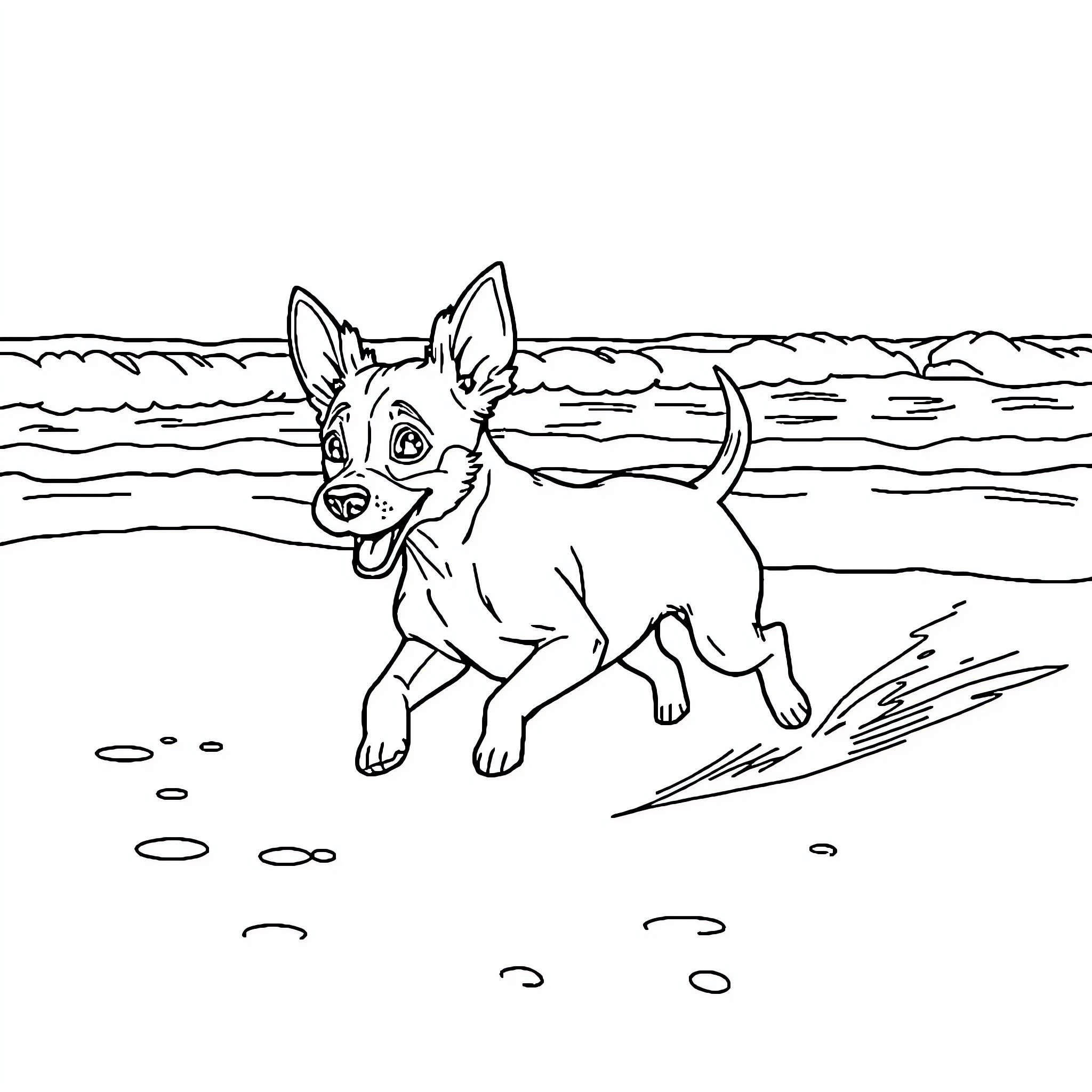 Weenie Dog Running Playfully on the Beach Coloring Page (free black-and-white line drawing printable PDF for all, from beginners to advanced learners, including children, teens, adults, and seniors)