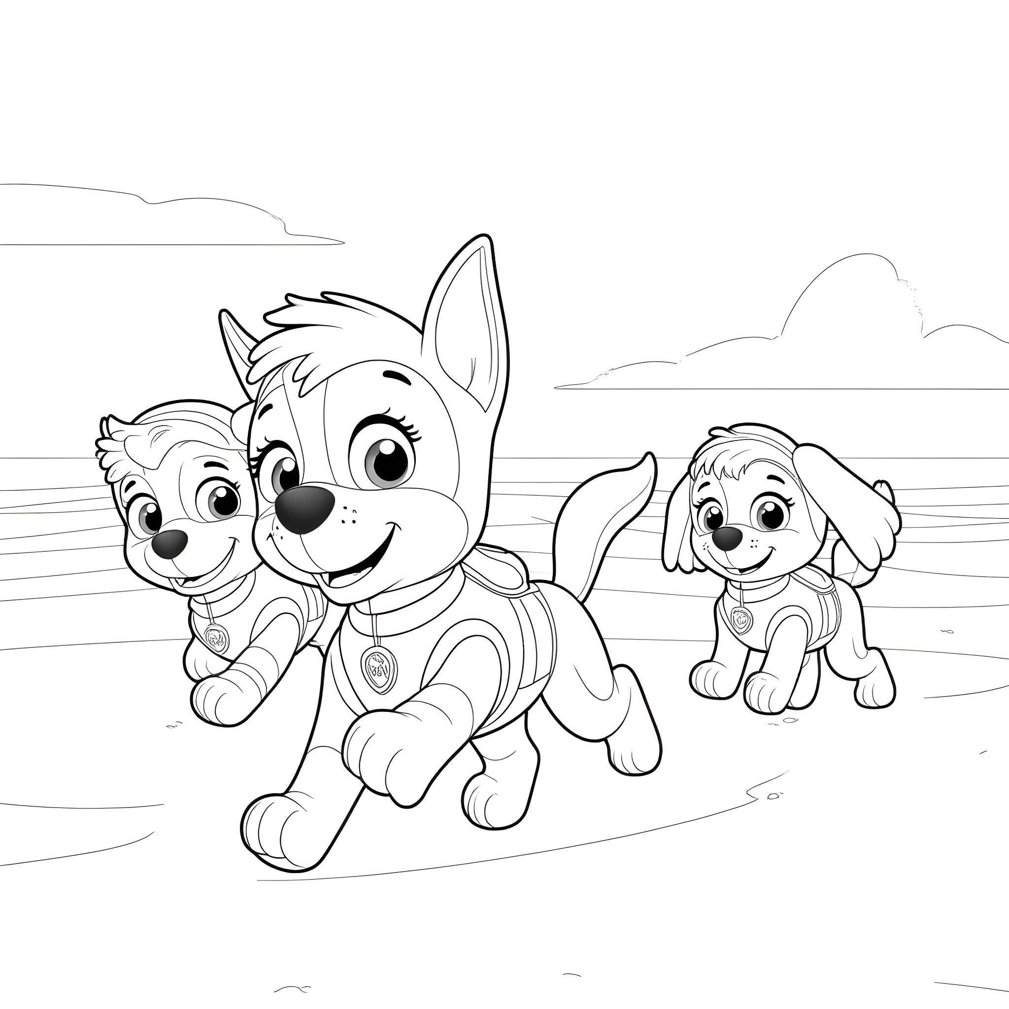 Paw Patrol characters playing on the beach Coloring Page (free black-and-white line drawing printable PDF for all, from beginners to advanced learners, including children, teens, adults, and seniors)