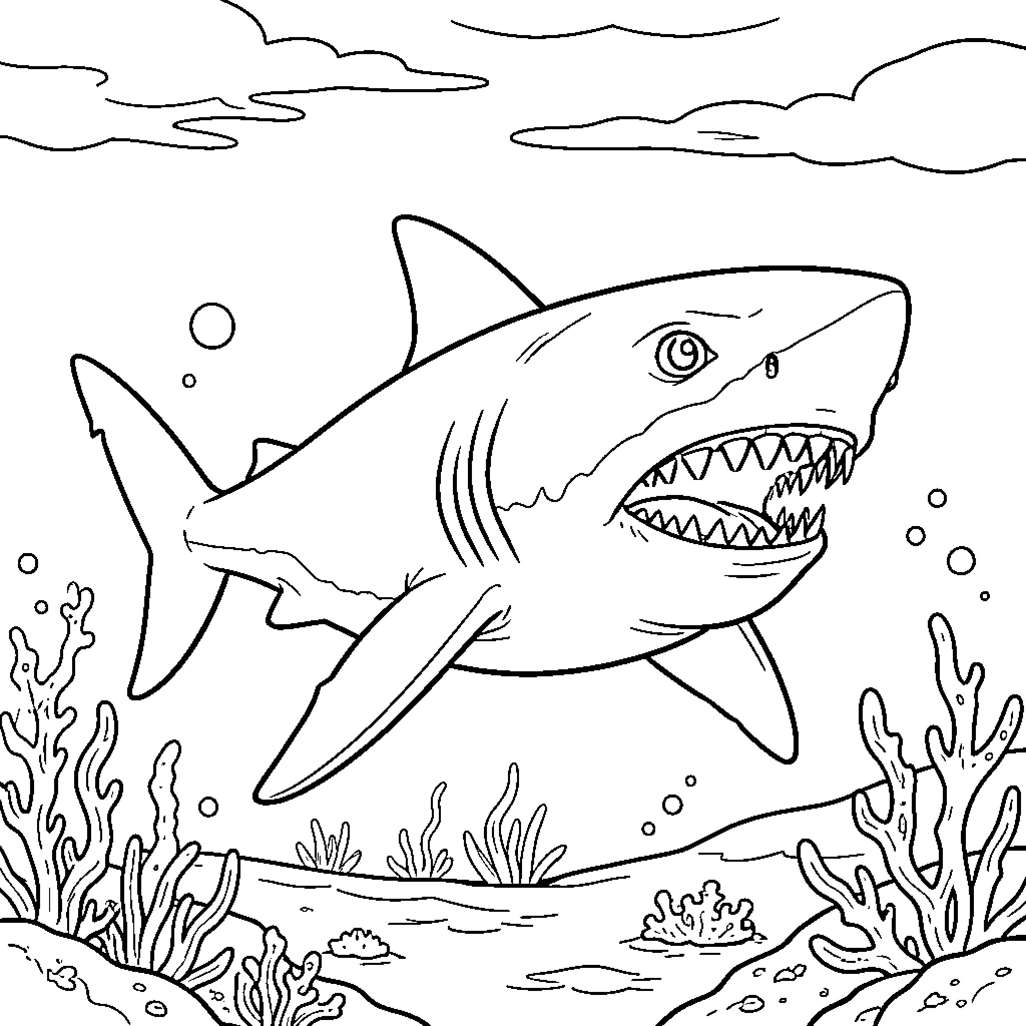 Shark swimming through the ocean near coral reefs Coloring Page (free black-and-white line drawing printable PDF for all, from beginners to advanced learners, including children, teens, adults, and seniors)