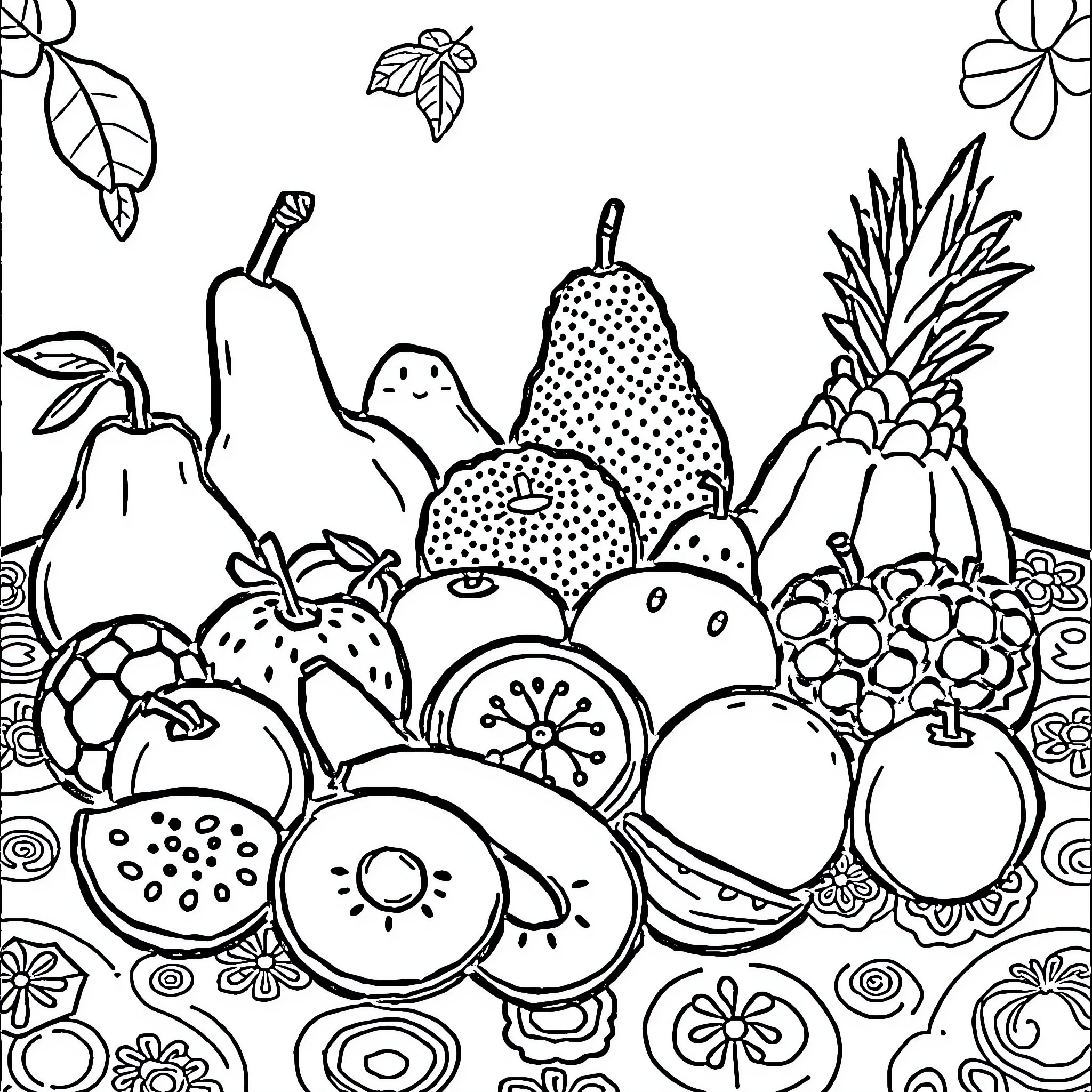 Fruit assortment in a whimsical scene Coloring Page (free black-and-white line drawing printable PDF for all, from beginners to advanced learners, including children, teens, adults, and seniors)