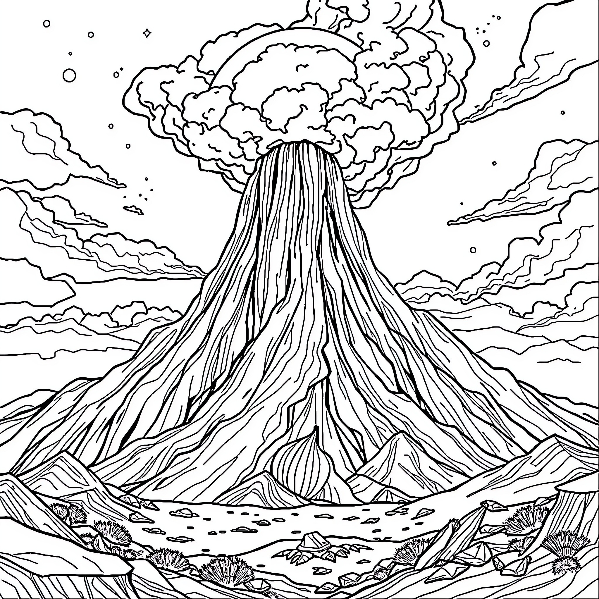 Earthquake eruption in dramatic volcanic landscape Coloring Page (free black-and-white line drawing printable PDF for all, from beginners to advanced learners, including children, teens, adults, and seniors)