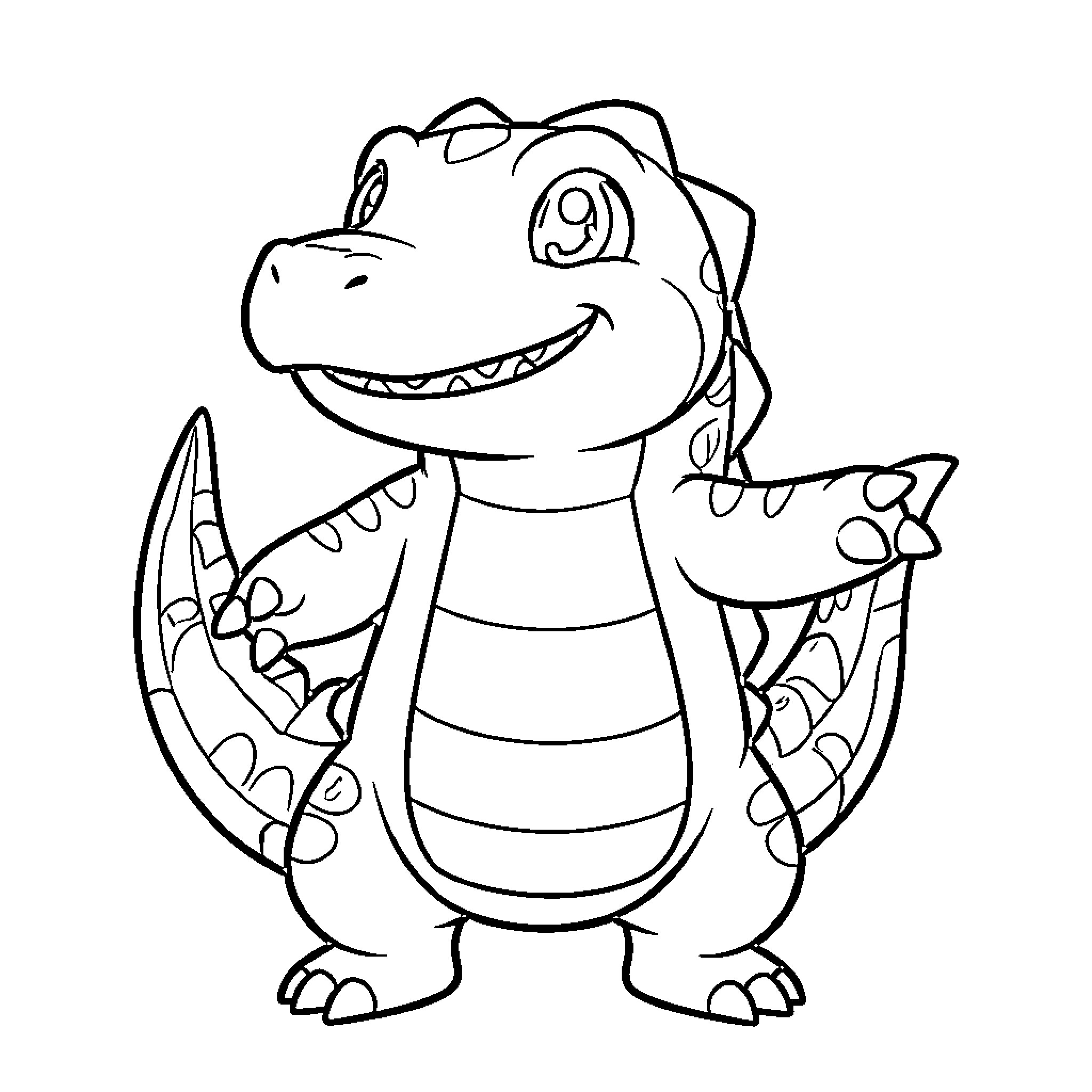 Crocodile smiling and waving happily Coloring Page (free black-and-white line drawing printable PDF for all, from beginners to advanced learners, including children, teens, adults, and seniors)