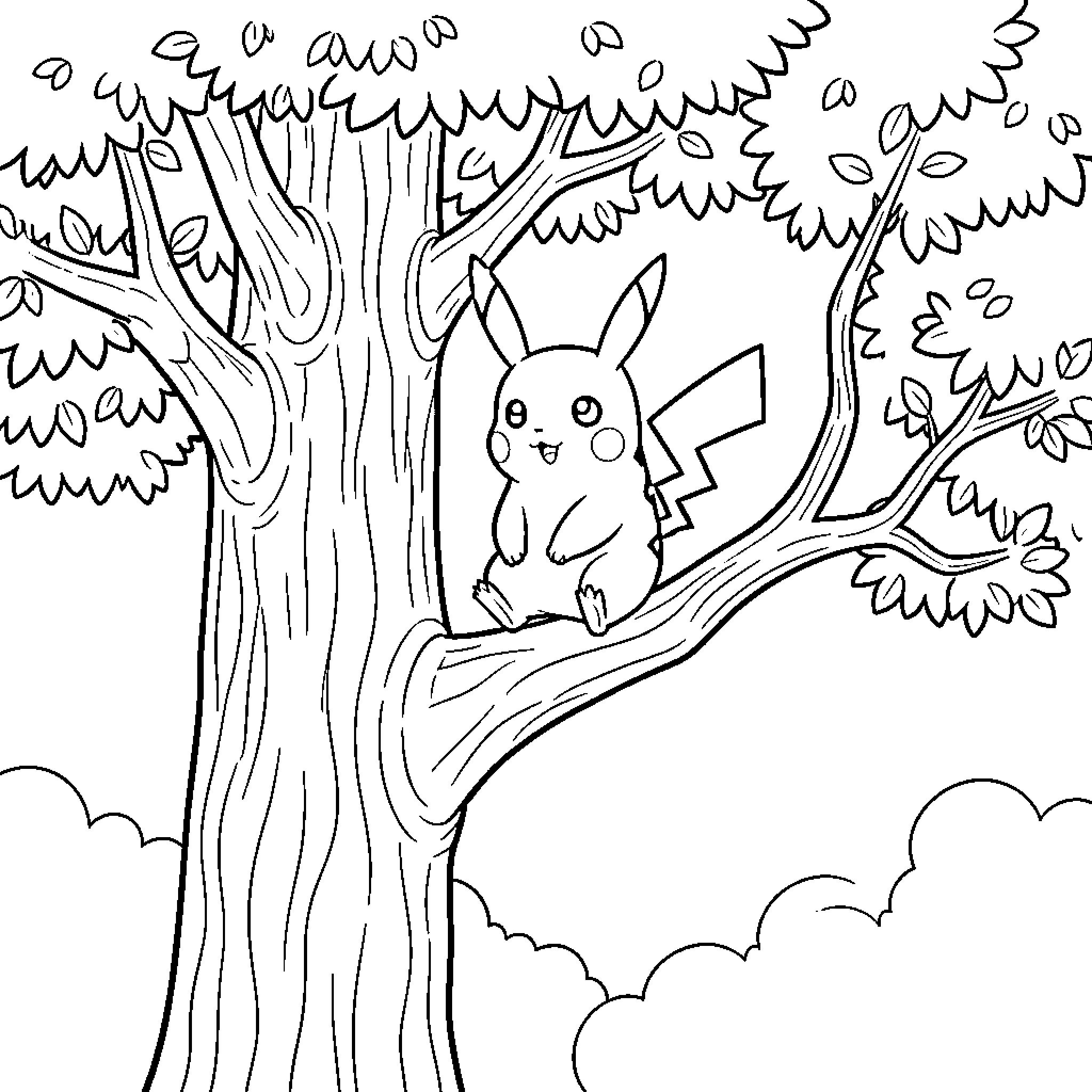 Pikachu sitting happily on a tree branch Coloring Page (free black-and-white line drawing printable PDF for all, from beginners to advanced learners, including children, teens, adults, and seniors)