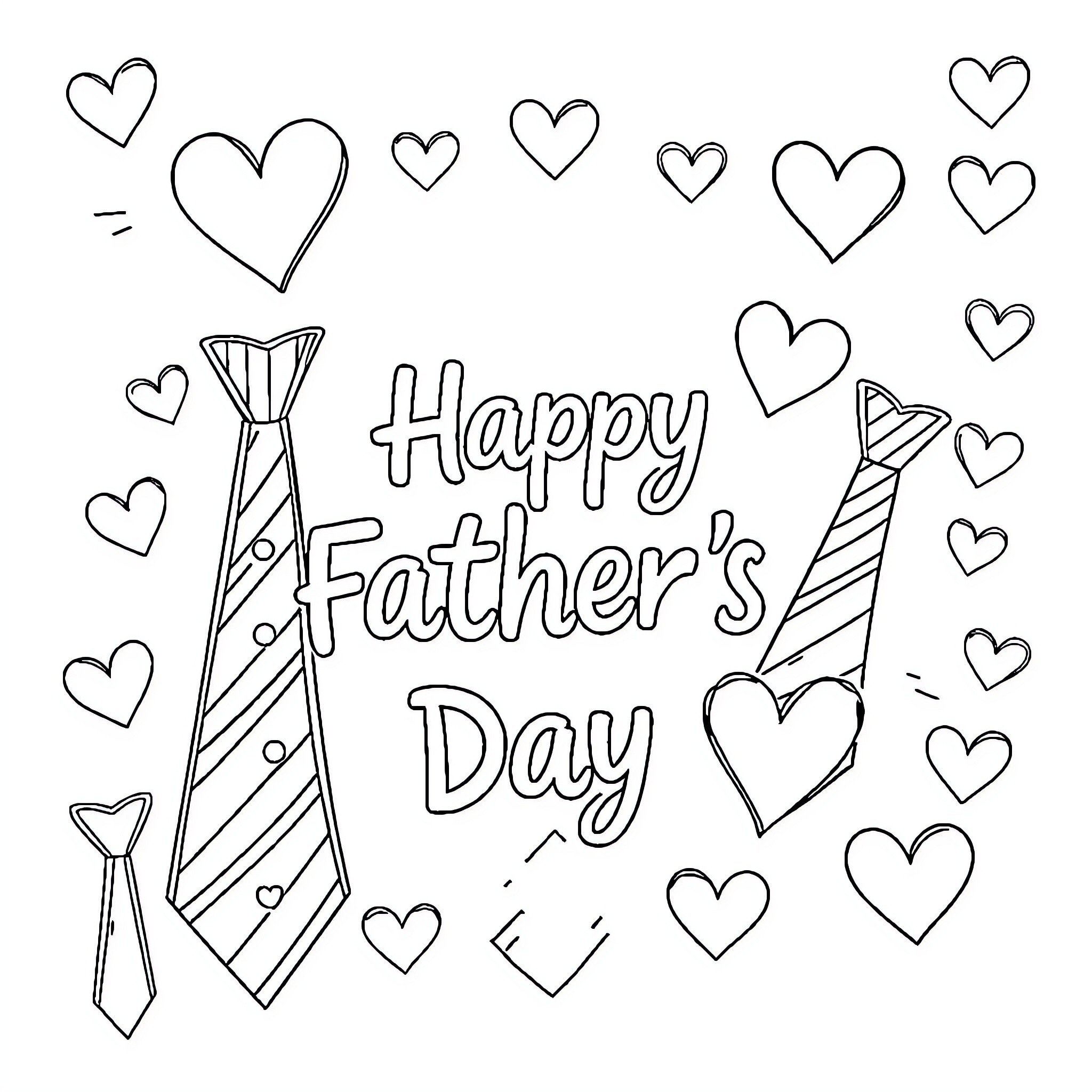 Father's enjoyment with hearts and ties Coloring Page (free black-and-white line drawing printable PDF for all, from beginners to advanced learners, including children, teens, adults, and seniors)
