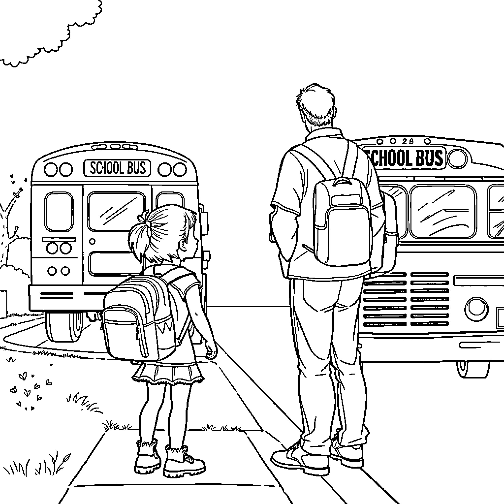 Girl waits to board school bus with classmate Coloring Page (free black-and-white line drawing printable PDF for all, from beginners to advanced learners, including children, teens, adults, and seniors)