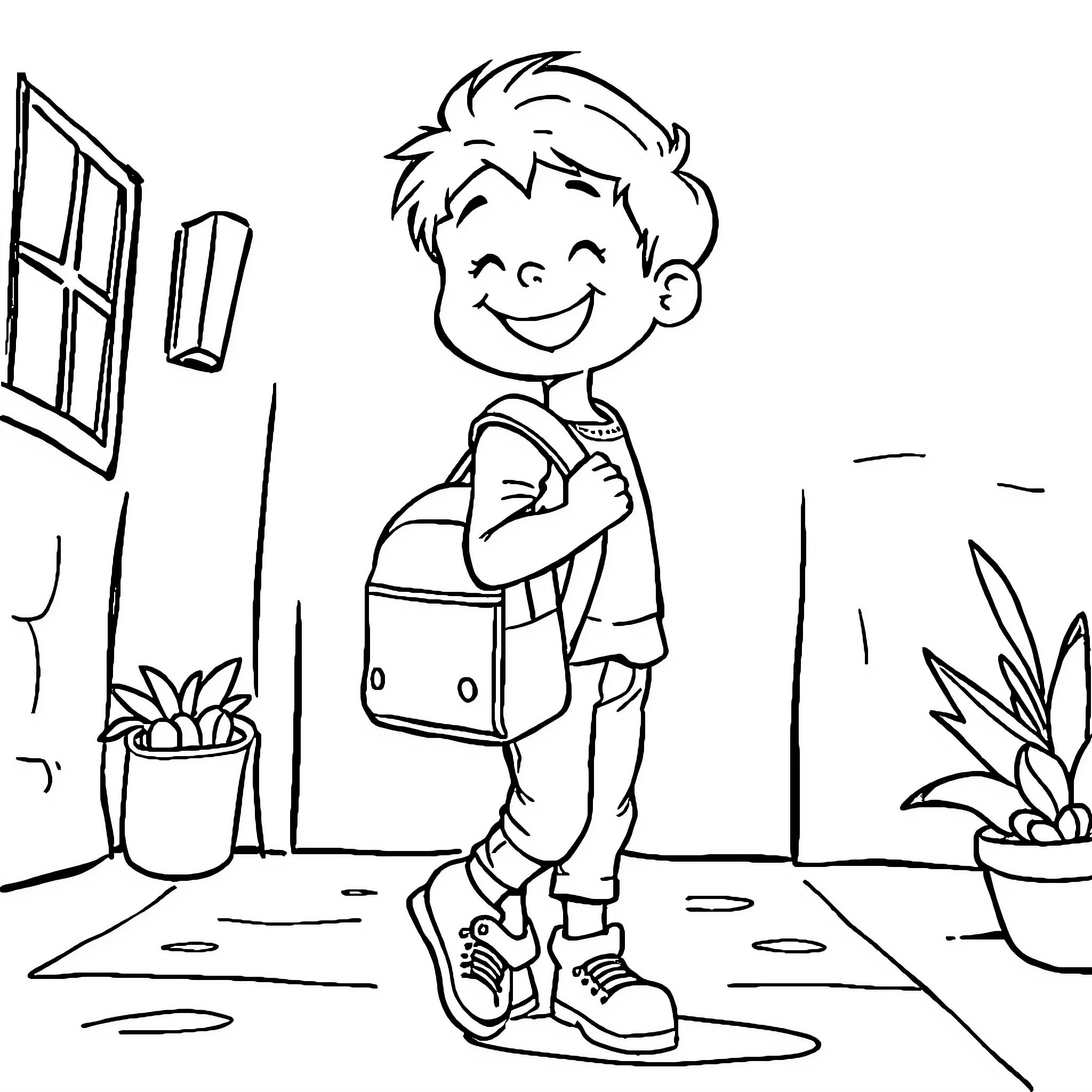 Child happily going to school with backpack Coloring Page (free black-and-white line drawing printable PDF for all, from beginners to advanced learners, including children, teens, adults, and seniors)