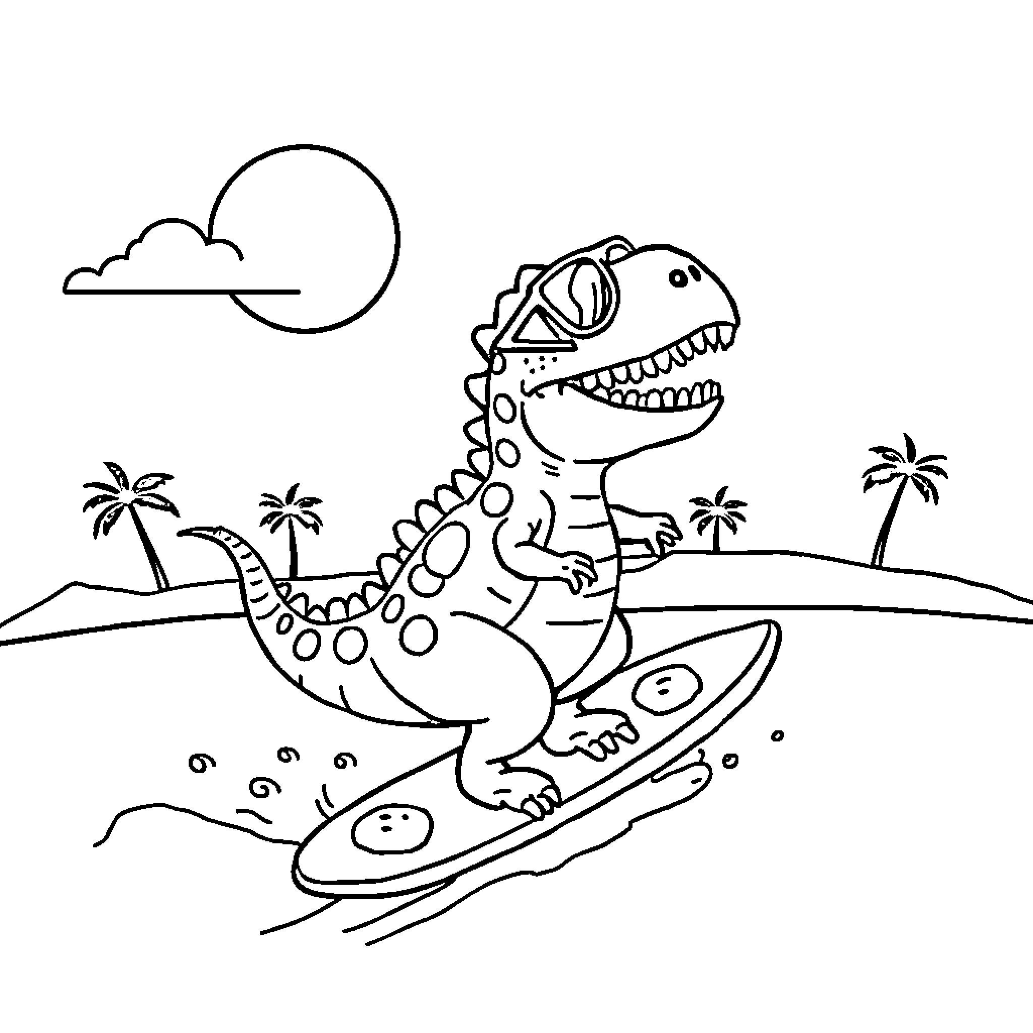 Dino riding surfboard on tropical beach Coloring Page (free black-and-white line drawing printable PDF for all, from beginners to advanced learners, including children, teens, adults, and seniors)