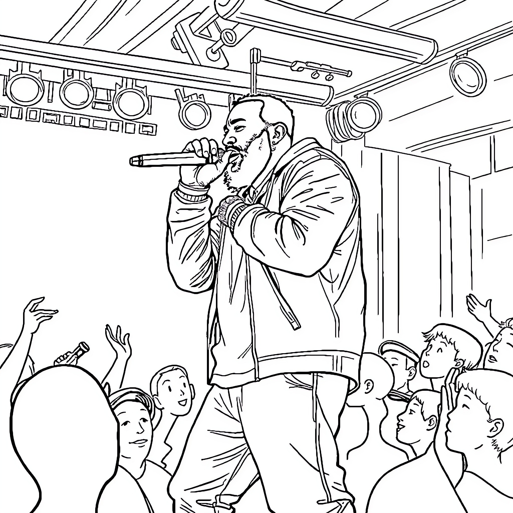 DAMSO performing on stage with energetic crowd Coloring Page (free black-and-white line drawing printable PDF for all, from beginners to advanced learners, including children, teens, adults, and seniors)