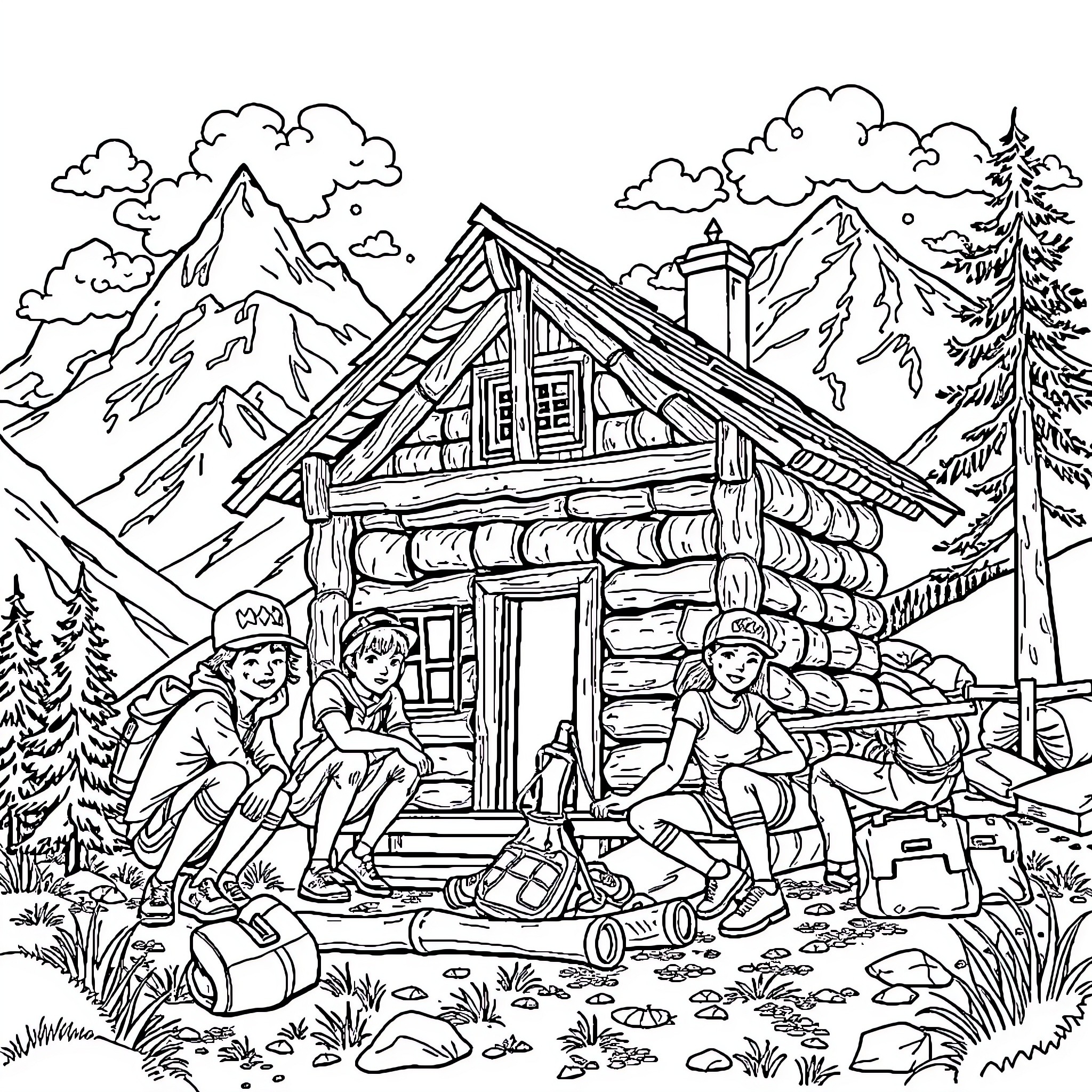 Teenagers Enjoying Outdoor Adventure at Cozy Mountain Cabin Coloring Page (free black-and-white line drawing printable PDF for all, from beginners to advanced learners, including children, teens, adults, and seniors)