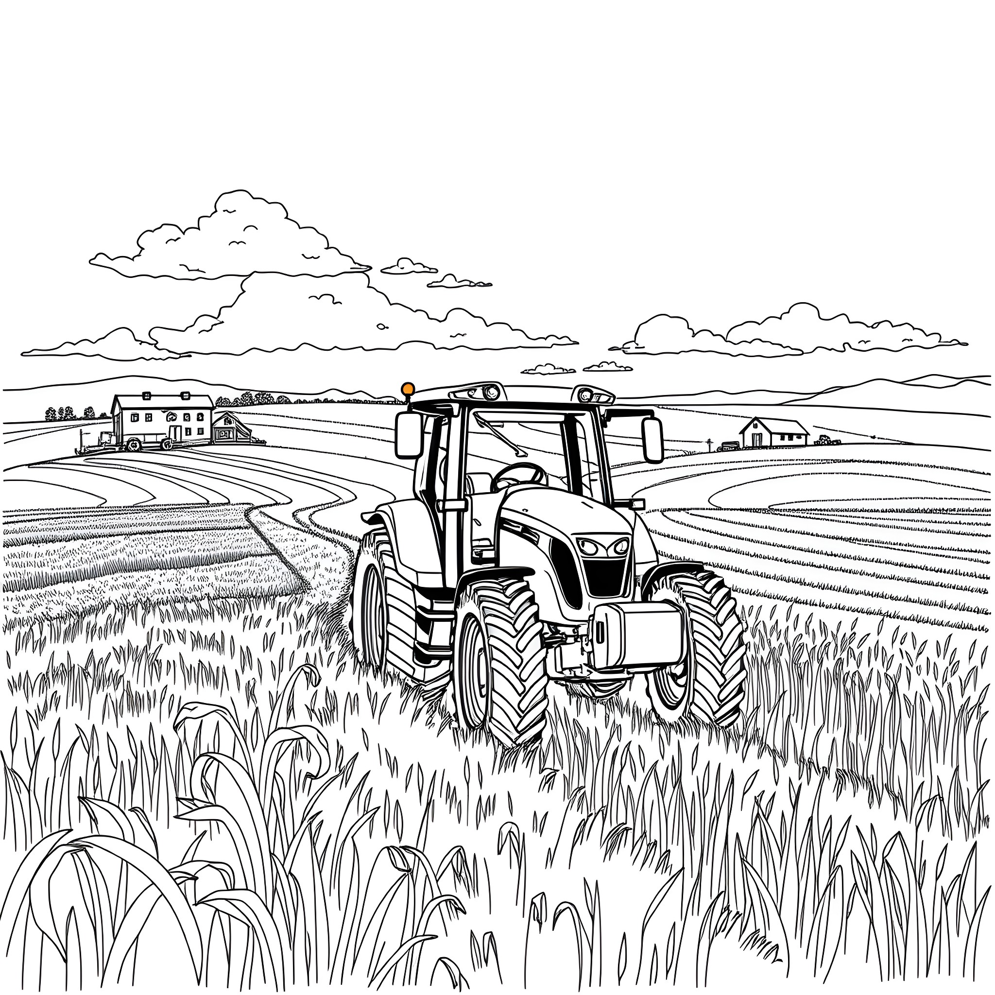 Tractor working in the rural farmland Coloring Page (free black-and-white line drawing printable PDF for all, from beginners to advanced learners, including children, teens, adults, and seniors)