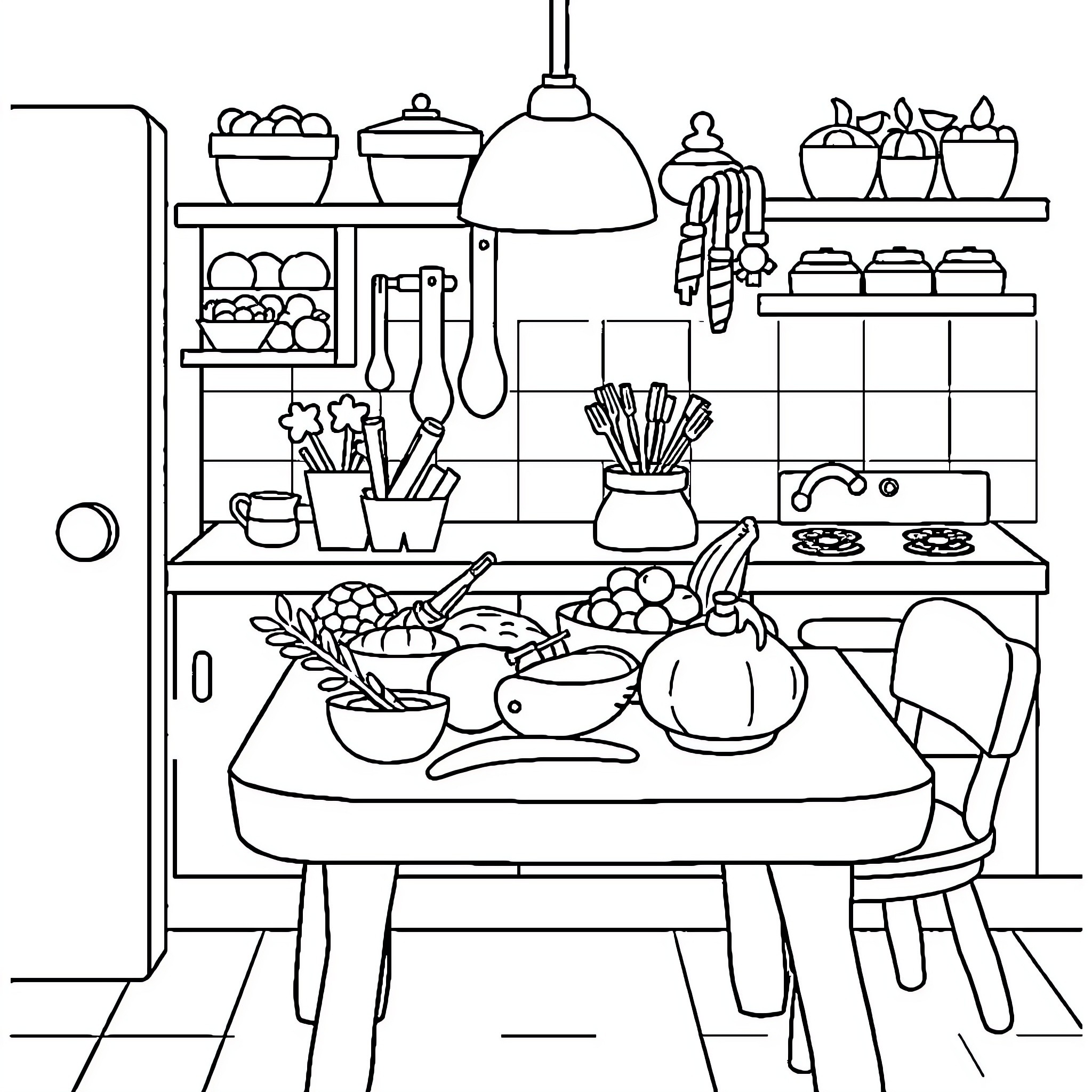 Play Food Kitchen Scene with Cooking Utensils Coloring Page (free black-and-white line drawing printable PDF for all, from beginners to advanced learners, including children, teens, adults, and seniors)