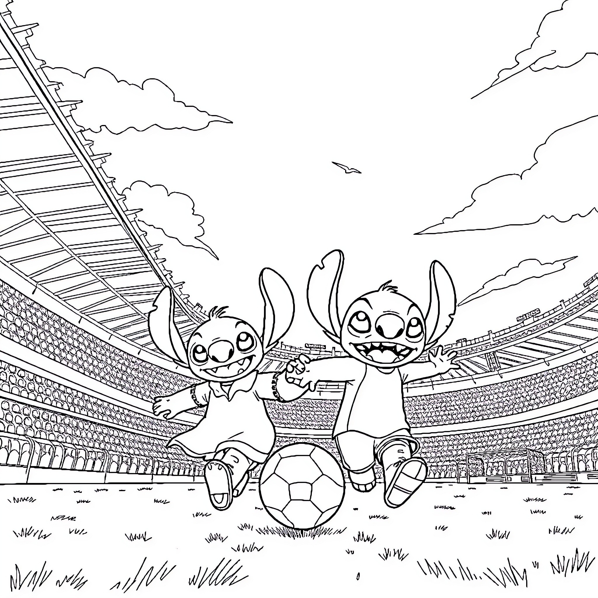 Lilo and Stitch playing soccer in the stadium Coloring Page (free black-and-white line drawing printable PDF for all, from beginners to advanced learners, including children, teens, adults, and seniors)