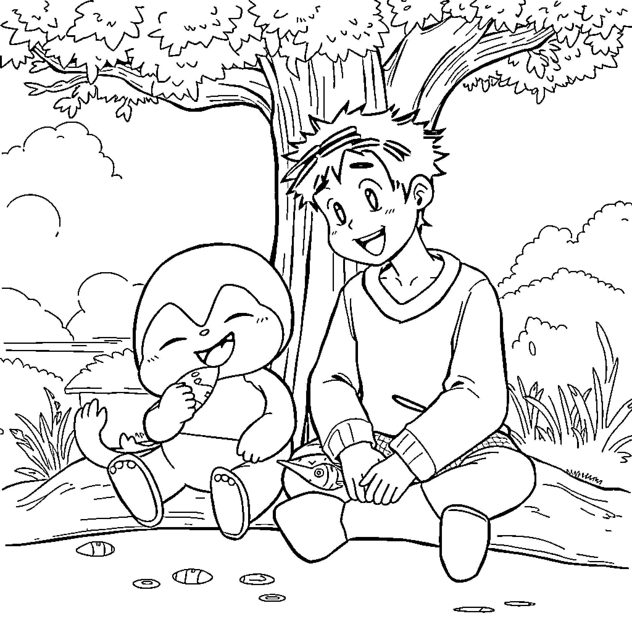 Doraemon and boy playing together outdoors Coloring Page (free black-and-white line drawing printable PDF for all, from beginners to advanced learners, including children, teens, adults, and seniors)
