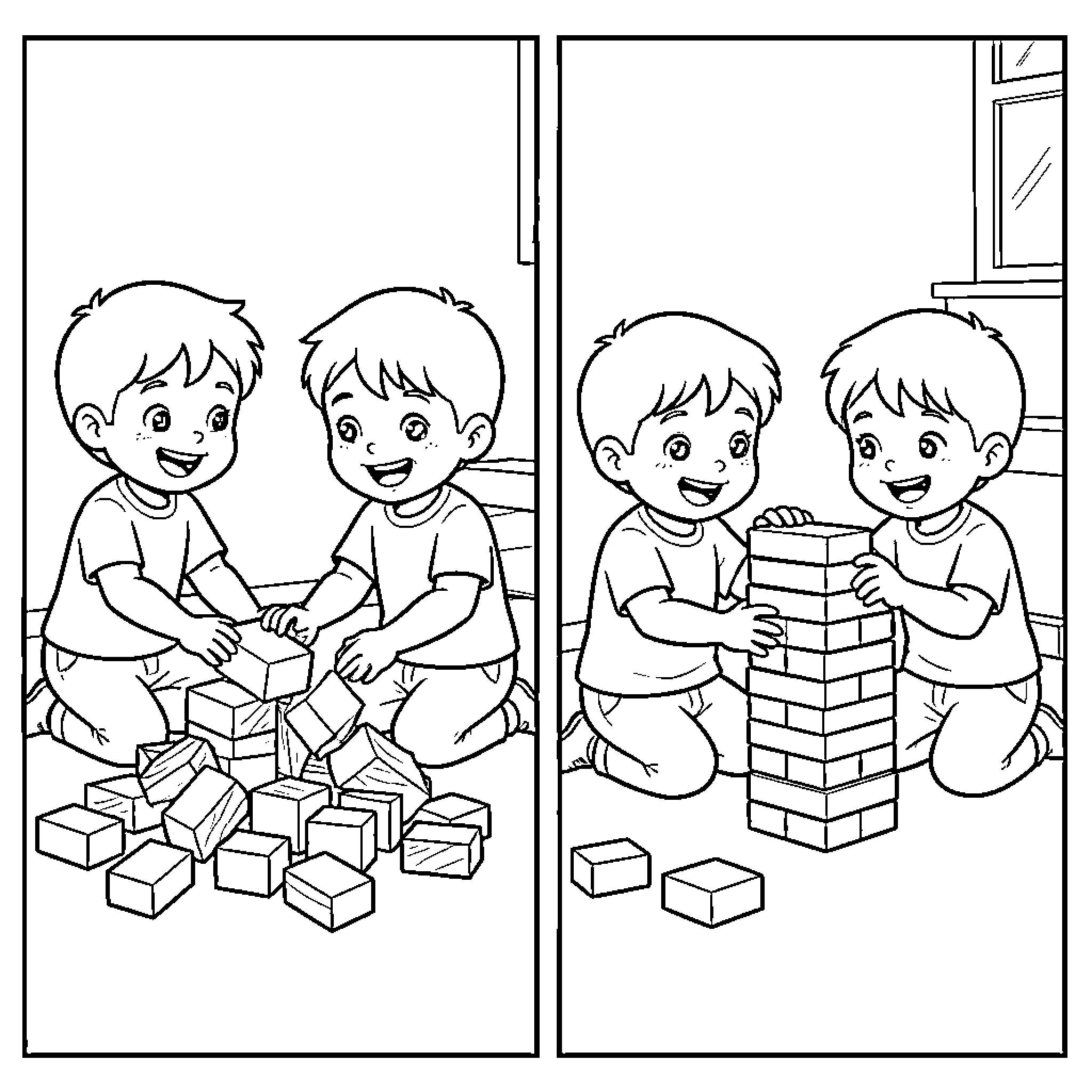 Child Building Blocks Joyfully Coloring Page (free black-and-white line drawing printable PDF for all, from beginners to advanced learners, including children, teens, adults, and seniors)
