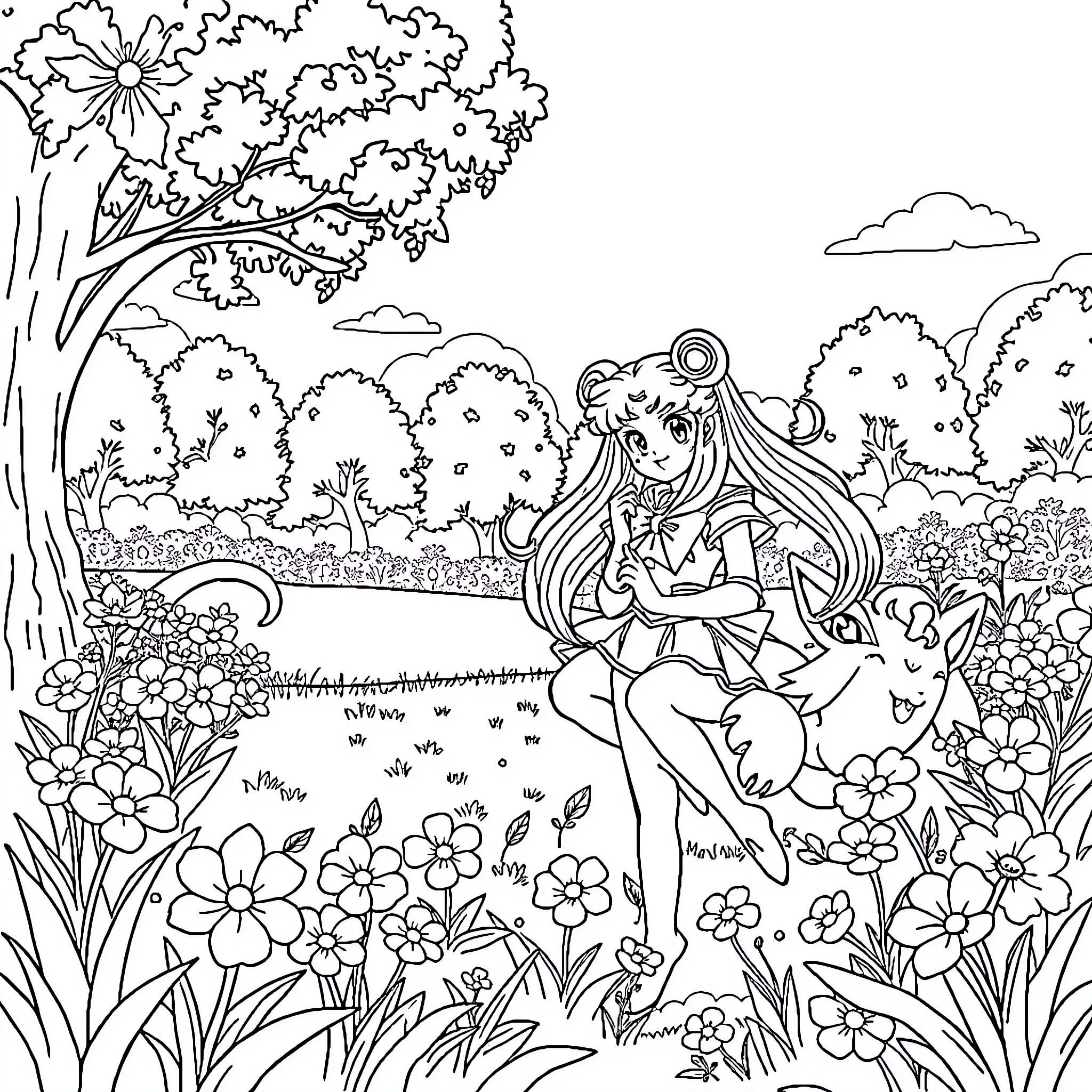 Sailor Moon enjoying nature's beauty in a floral landscape Coloring Page (free black-and-white line drawing printable PDF for all, from beginners to advanced learners, including children, teens, adults, and seniors)