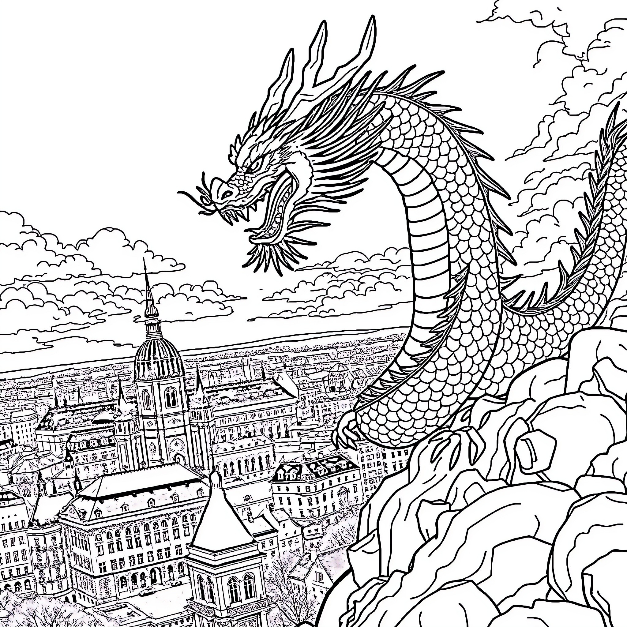 Dragon soaring over a fantastical city landscape Coloring Page (free black-and-white line drawing printable PDF for all, from beginners to advanced learners, including children, teens, adults, and seniors)