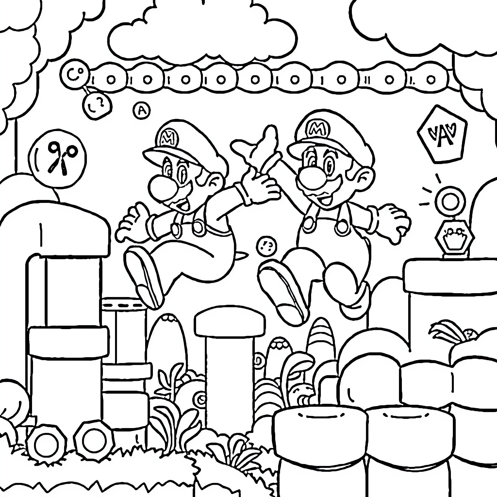 Mario and Friends Exploring the Mushroom Kingdom Coloring Page (free black-and-white line drawing printable PDF for all, from beginners to advanced learners, including children, teens, adults, and seniors)