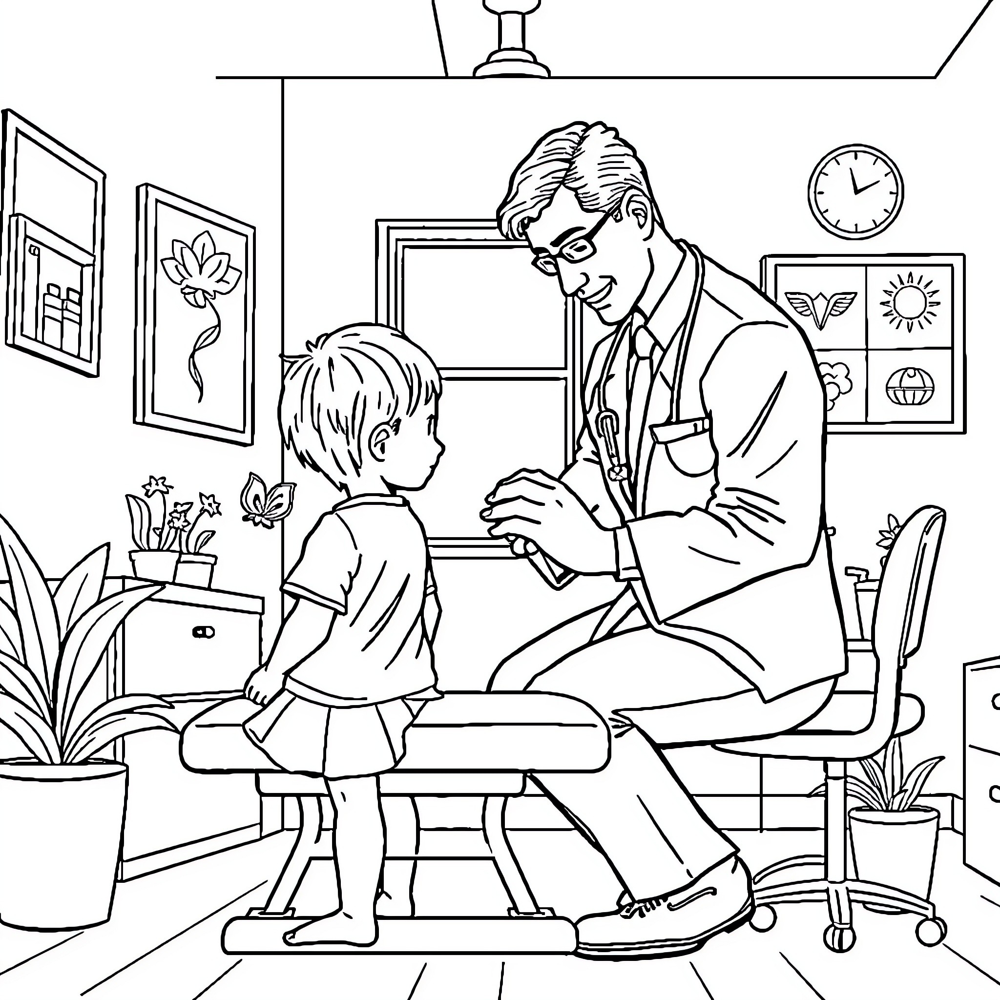 Chiropractor examining a young patient in his office Coloring Page (free black-and-white line drawing printable PDF for all, from beginners to advanced learners, including children, teens, adults, and seniors)