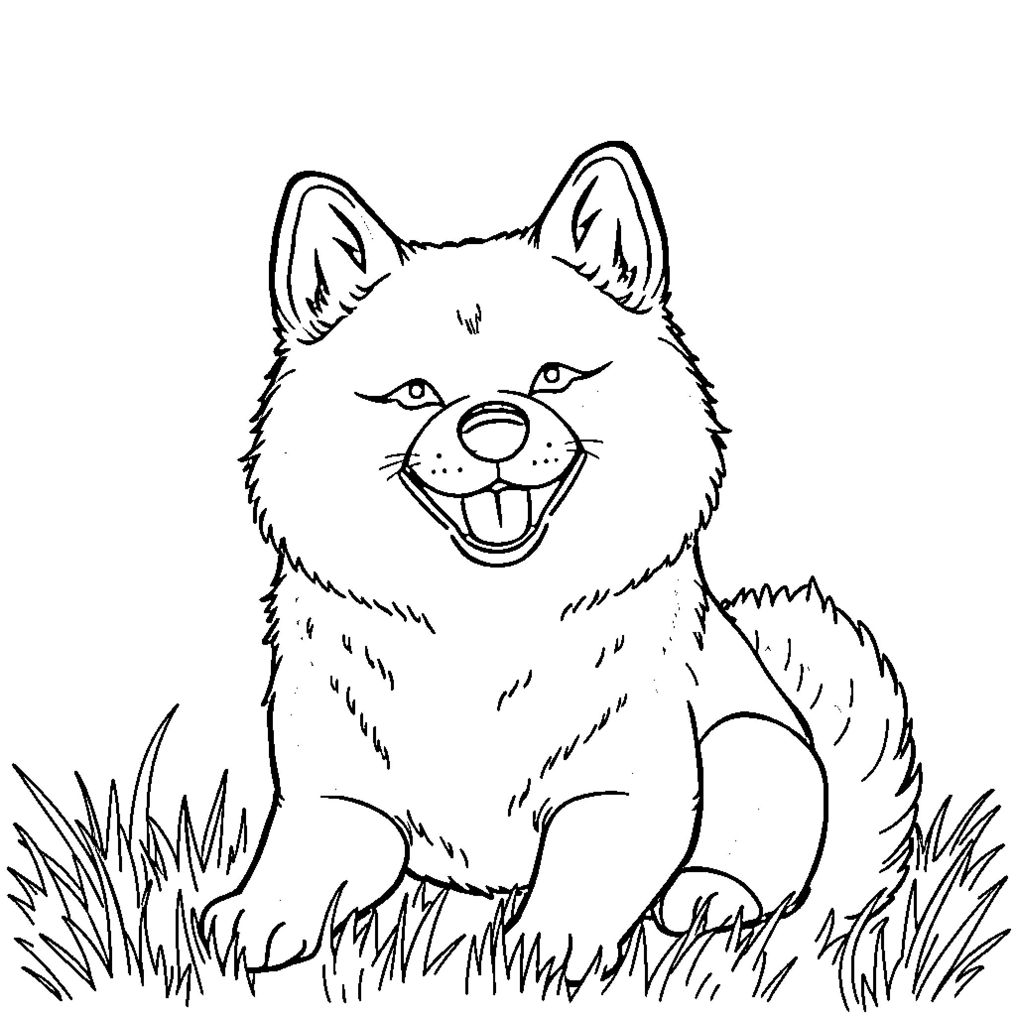Shiba Inu happily sitting in grass Coloring Page (free black-and-white line drawing printable PDF for all, from beginners to advanced learners, including children, teens, adults, and seniors)