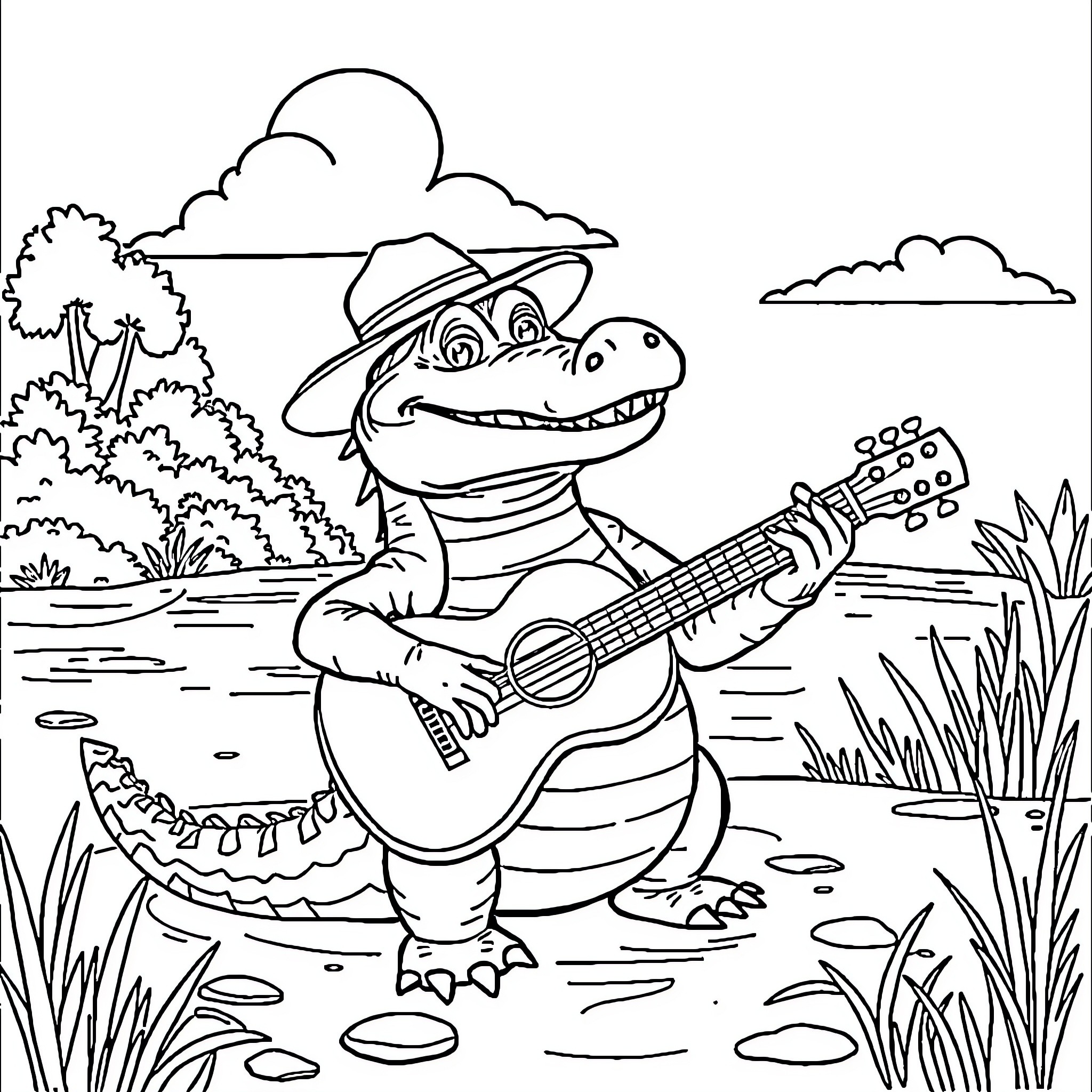 Alligator playing guitar in the swamp Coloring Page (free black-and-white line drawing printable PDF for all, from beginners to advanced learners, including children, teens, adults, and seniors)