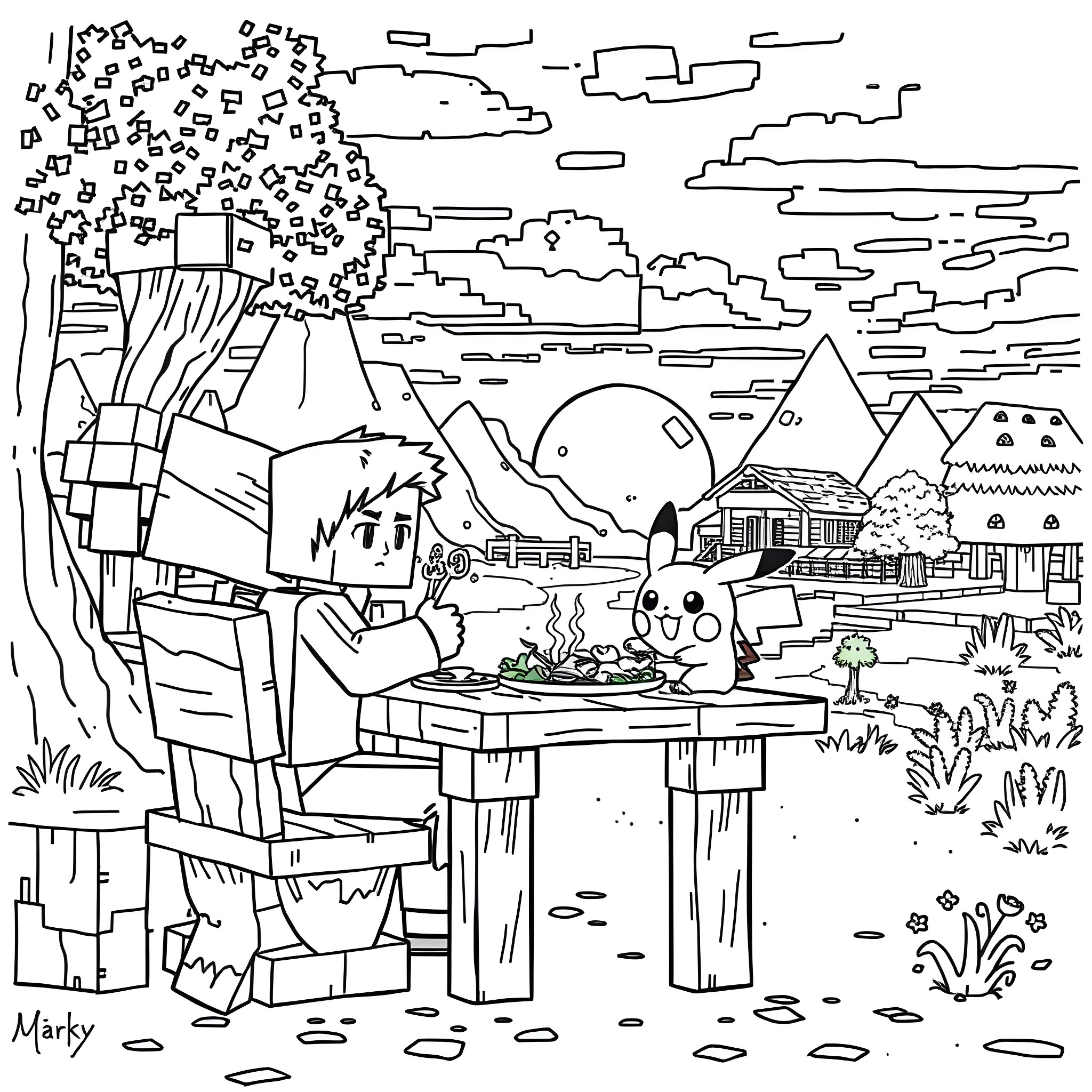 Steve's Cozy Campsite Adventure Coloring Page (free black-and-white line drawing printable PDF for all, from beginners to advanced learners, including children, teens, adults, and seniors)