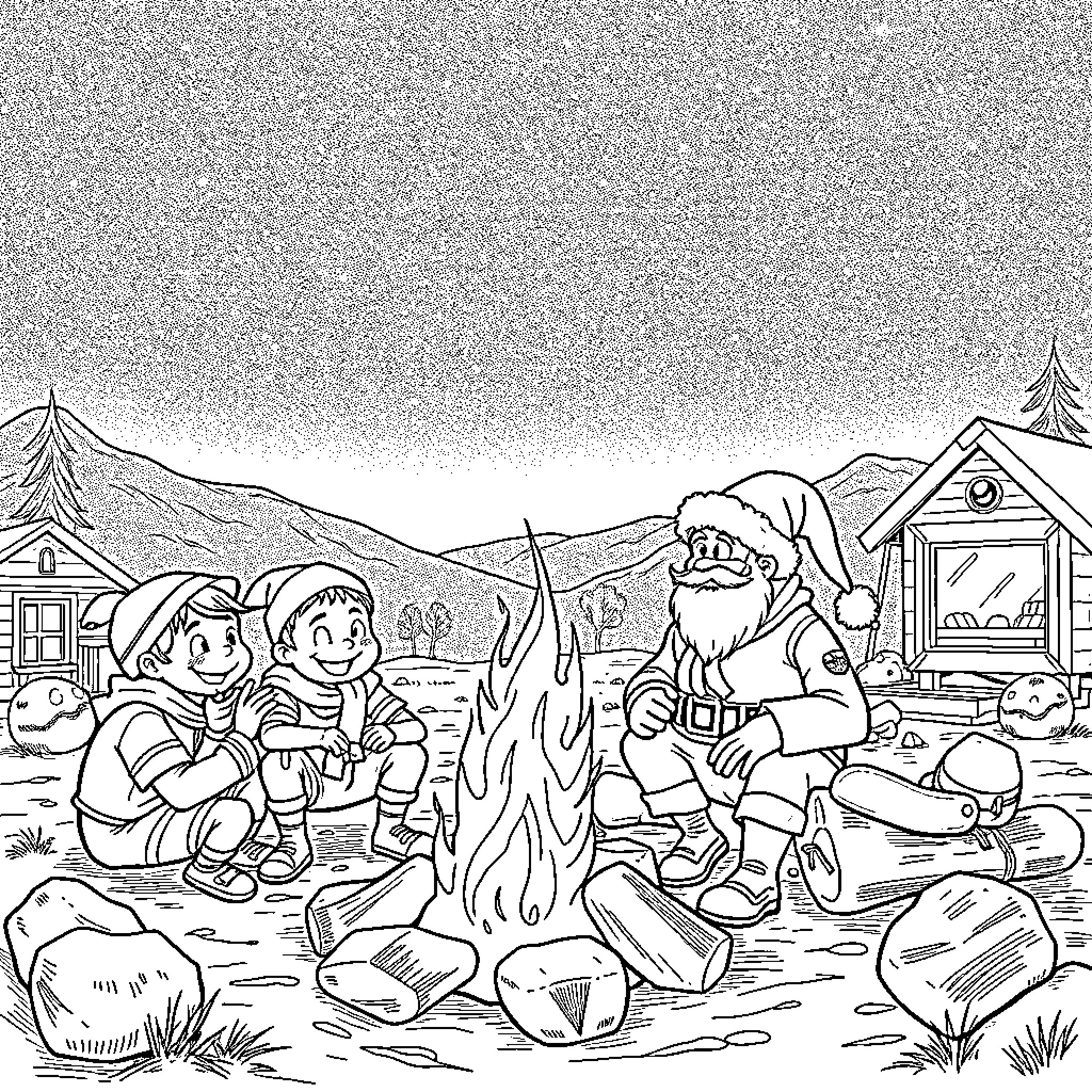 Santa's Cozy Campfire Gathering with Children Coloring Page (free black-and-white line drawing printable PDF for all, from beginners to advanced learners, including children, teens, adults, and seniors)