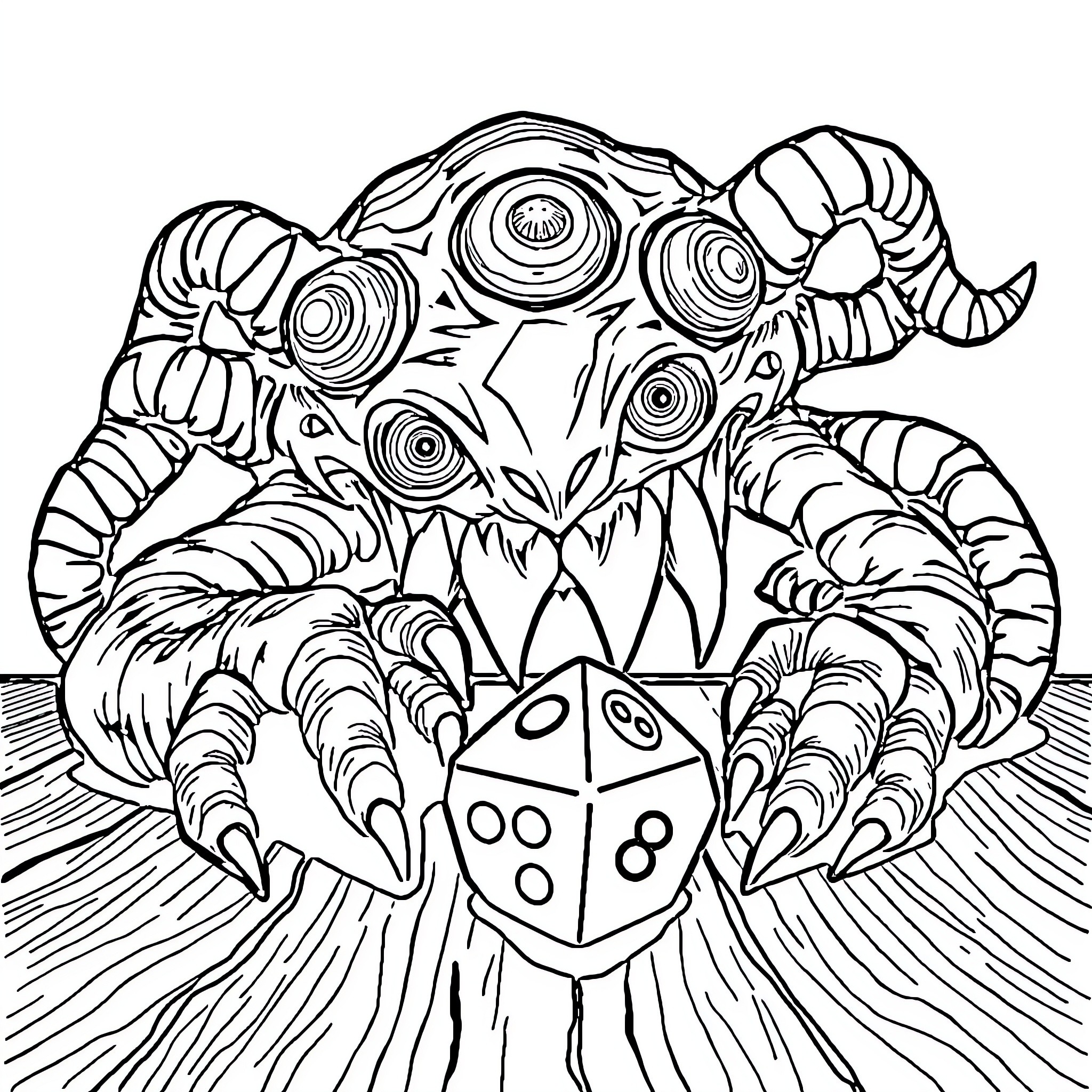Beholder of Fantastical Creature with Dice Coloring Page (free black-and-white line drawing printable PDF for all, from beginners to advanced learners, including children, teens, adults, and seniors)