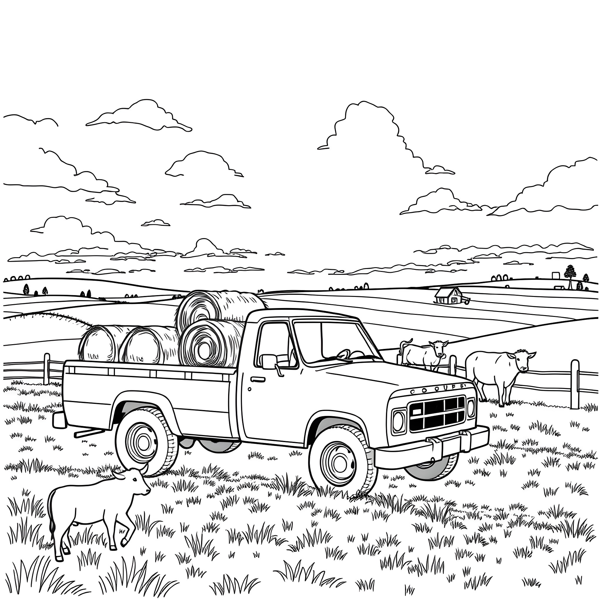 Livestock transportation in rural countryside Coloring Page (free black-and-white line drawing printable PDF for all, from beginners to advanced learners, including children, teens, adults, and seniors)