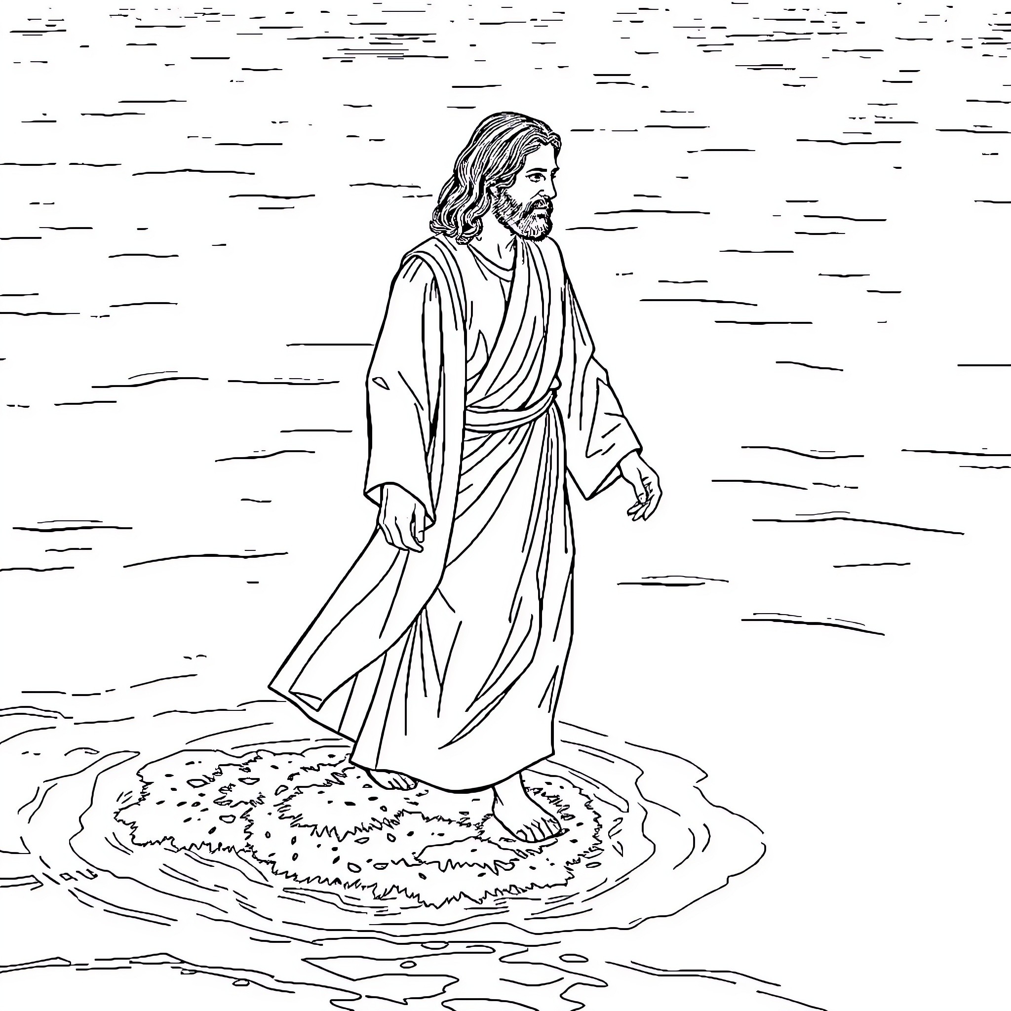 Jesus walking on water with robed attire Coloring Page (free black-and-white line drawing printable PDF for all, from beginners to advanced learners, including children, teens, adults, and seniors)