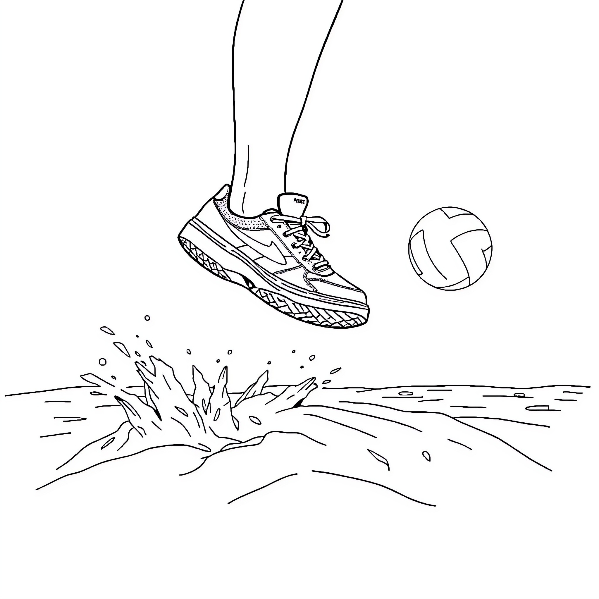Sneaker stepping into muddy puddle Coloring Page (free black-and-white line drawing printable PDF for all, from beginners to advanced learners, including children, teens, adults, and seniors)