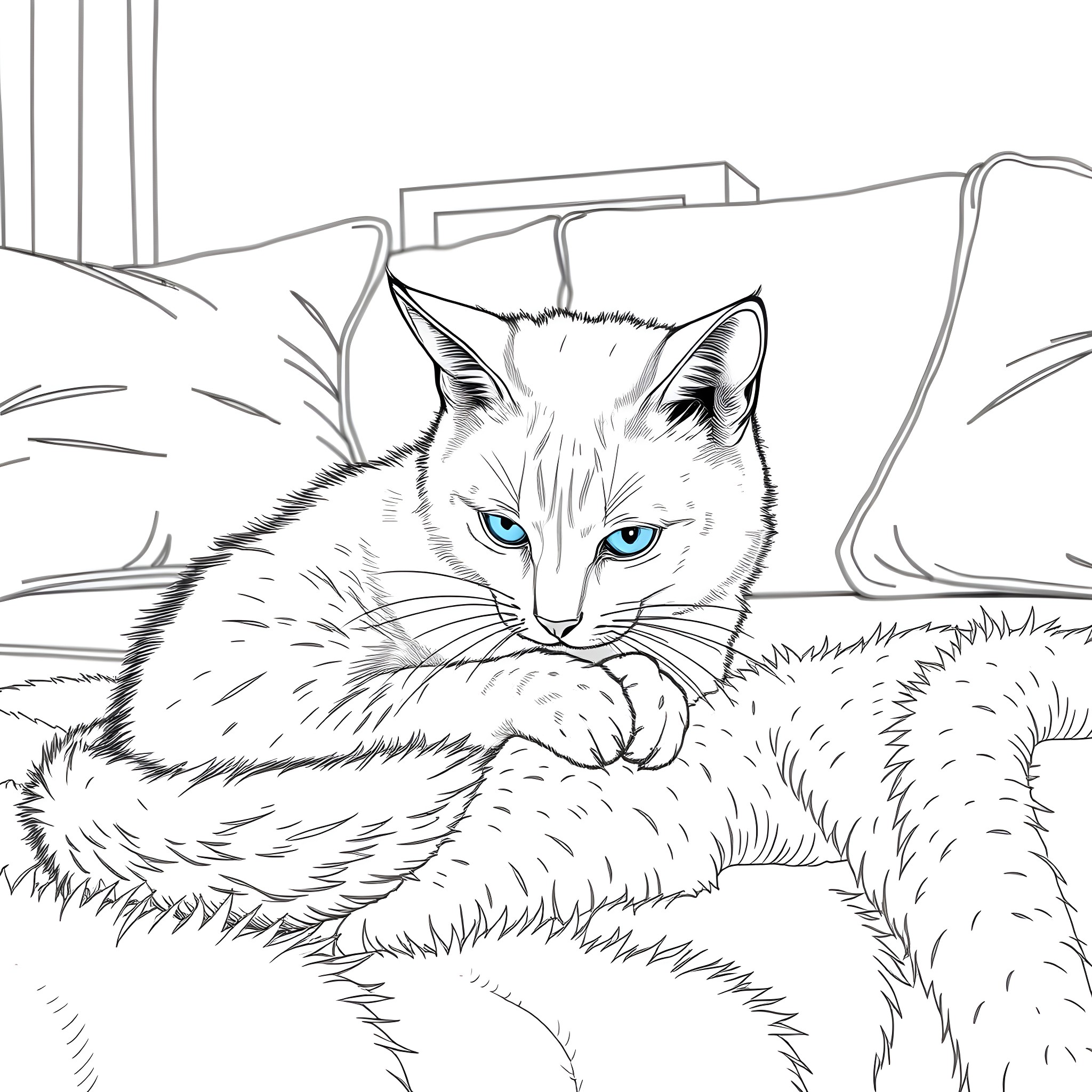 Siamese Cat resting peacefully in the home Coloring Page (free black-and-white line drawing printable PDF for all, from beginners to advanced learners, including children, teens, adults, and seniors)
