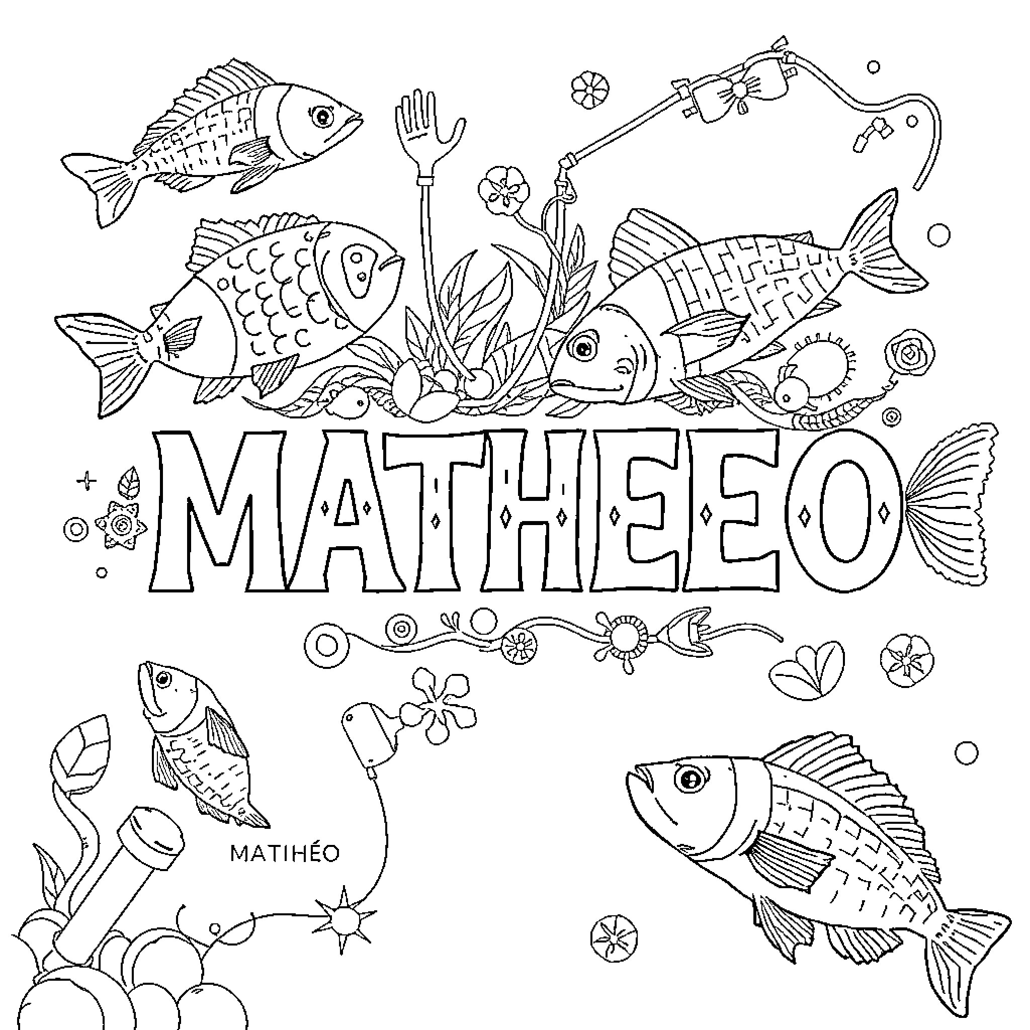 Matheo's Underwater Adventure with Colorful Fish Coloring Page (free black-and-white line drawing printable PDF for all, from beginners to advanced learners, including children, teens, adults, and seniors)