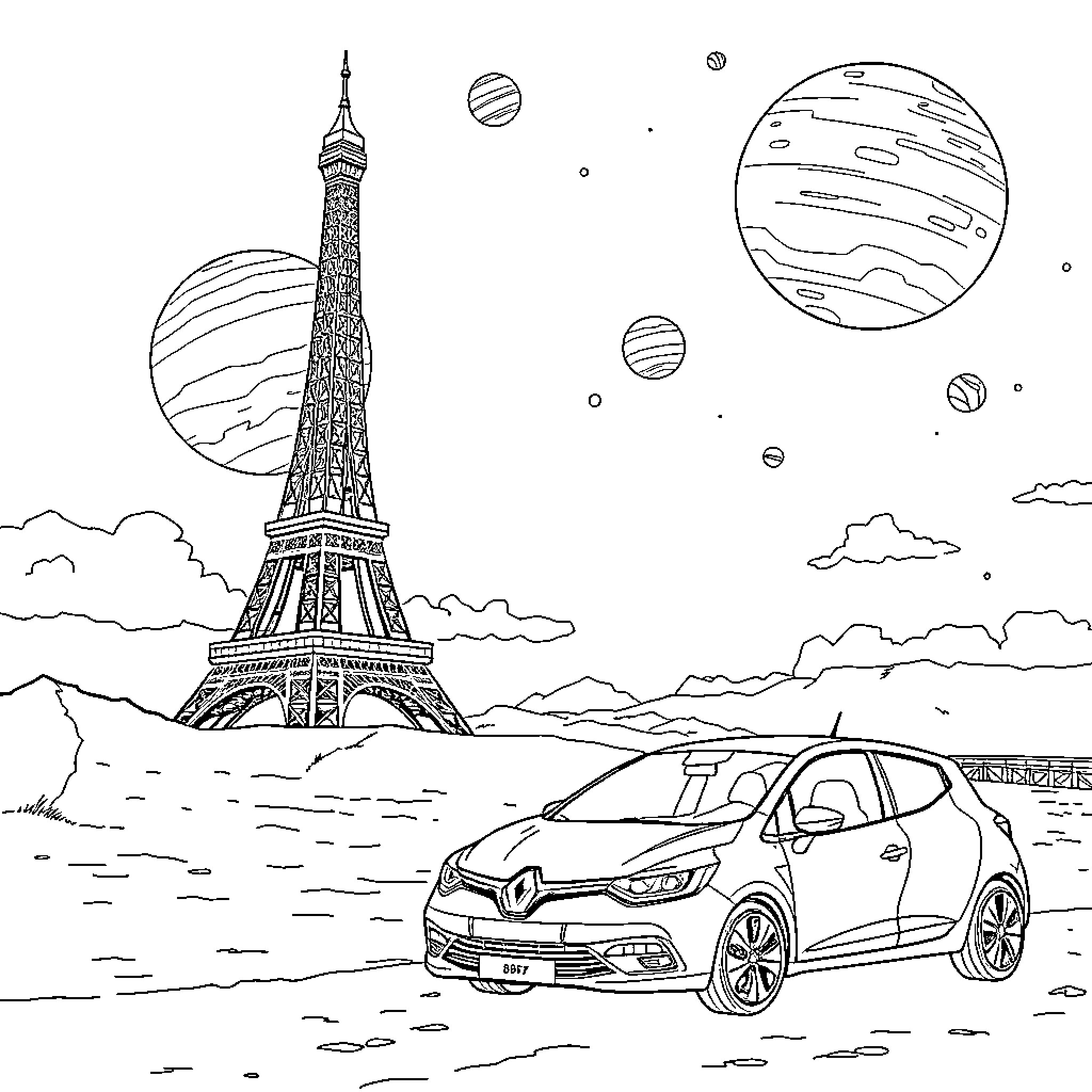 Eiffel Tower with a car in the foreground and planets in the background Coloring Page (free black-and-white line drawing printable PDF for all, from beginners to advanced learners, including children, teens, adults, and seniors)