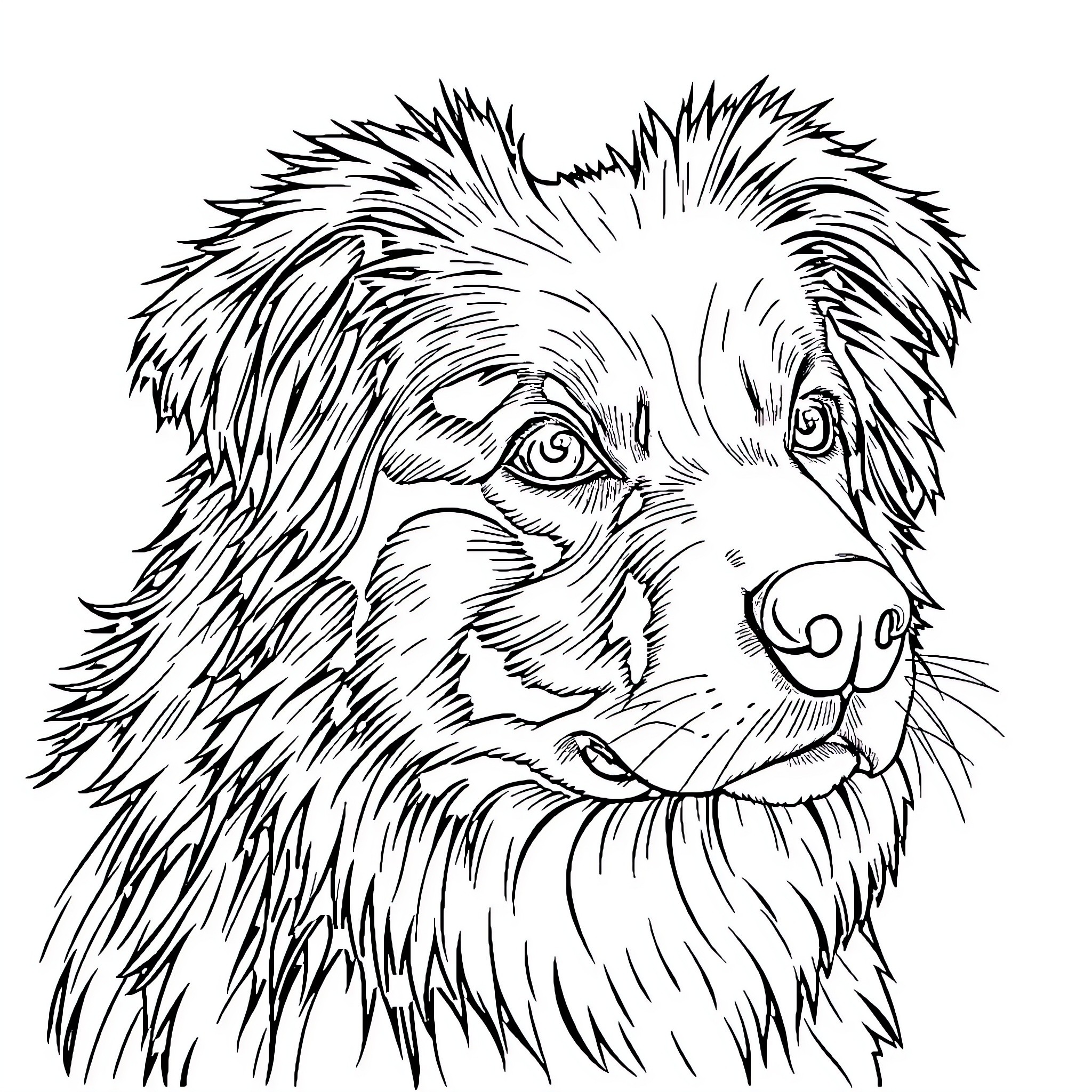 Australian Shepherd in detailed portrait Coloring Page (free black-and-white line drawing printable PDF for all, from beginners to advanced learners, including children, teens, adults, and seniors)